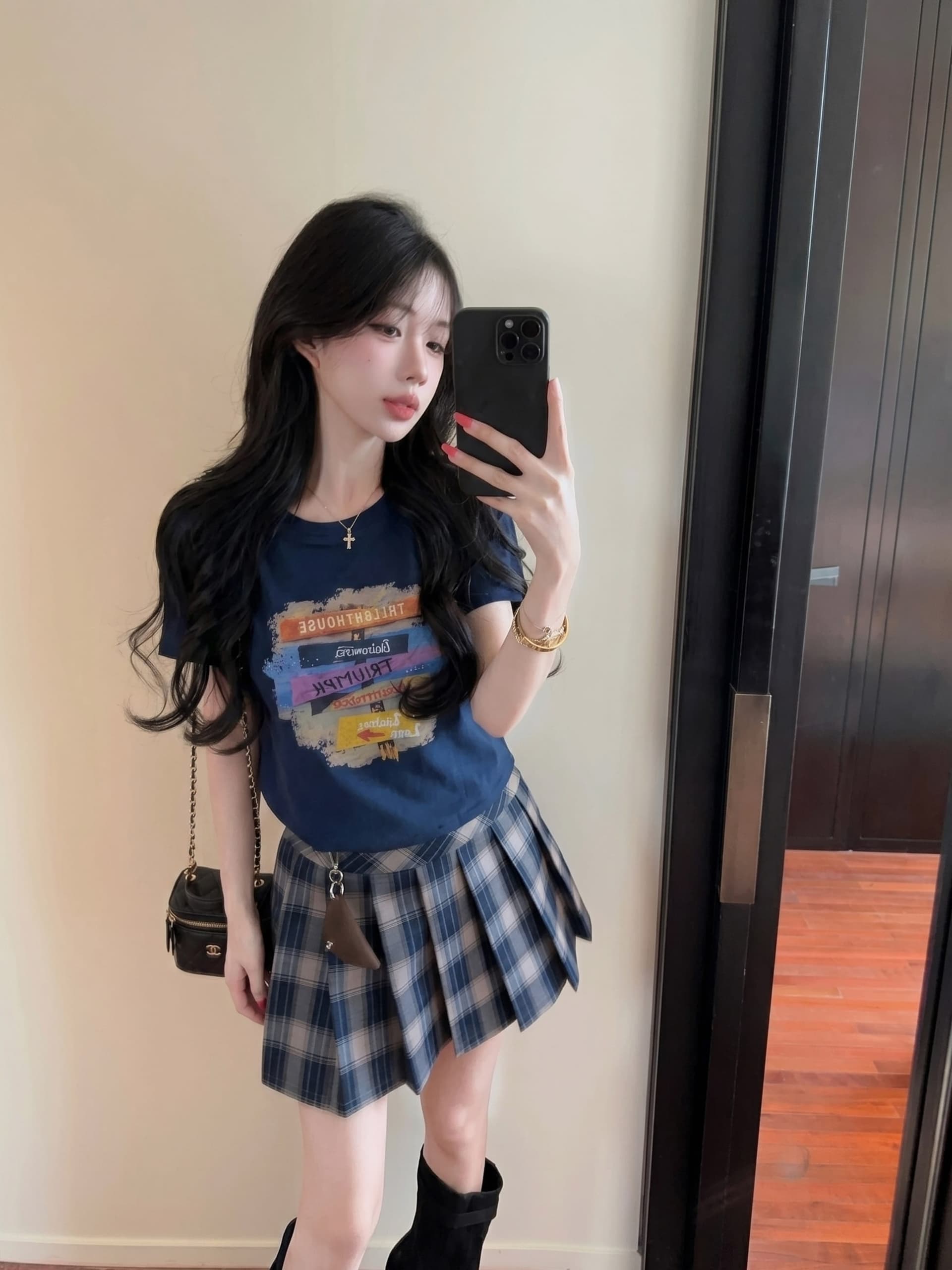 실사 정가 벨트 행침 장식 자수 알파벳 프린트 라운드 넥 반팔 티셔츠 여성 하이웨이스트 플리츠 스커트 투피스 슈트 이미지 3