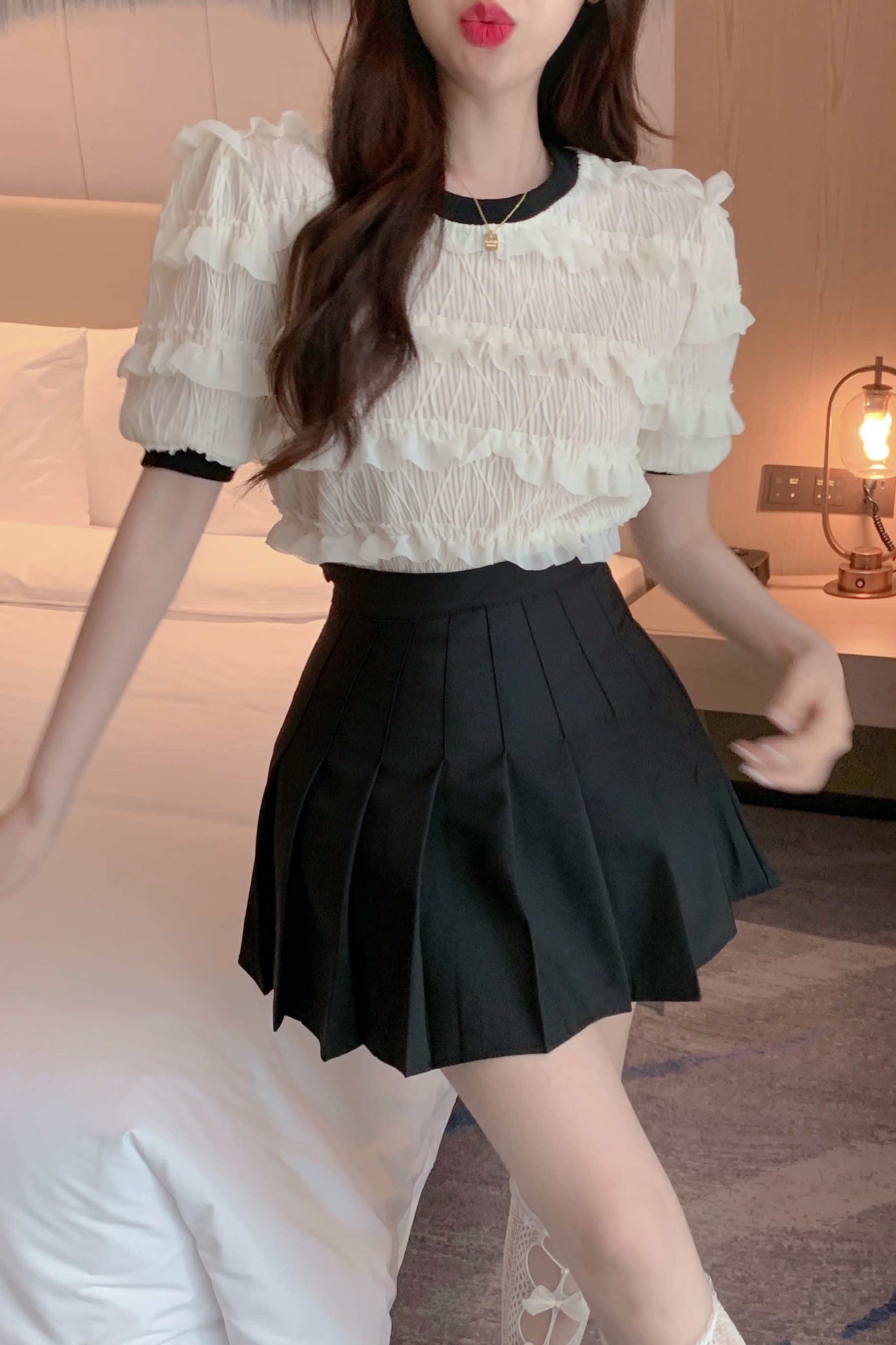 실사 정가 디자인 센스 프릴 라운드 넥 반팔 셔츠 달콤함 작은 대중 루즈핏 슬림해 보이는 맨위 이미지 6