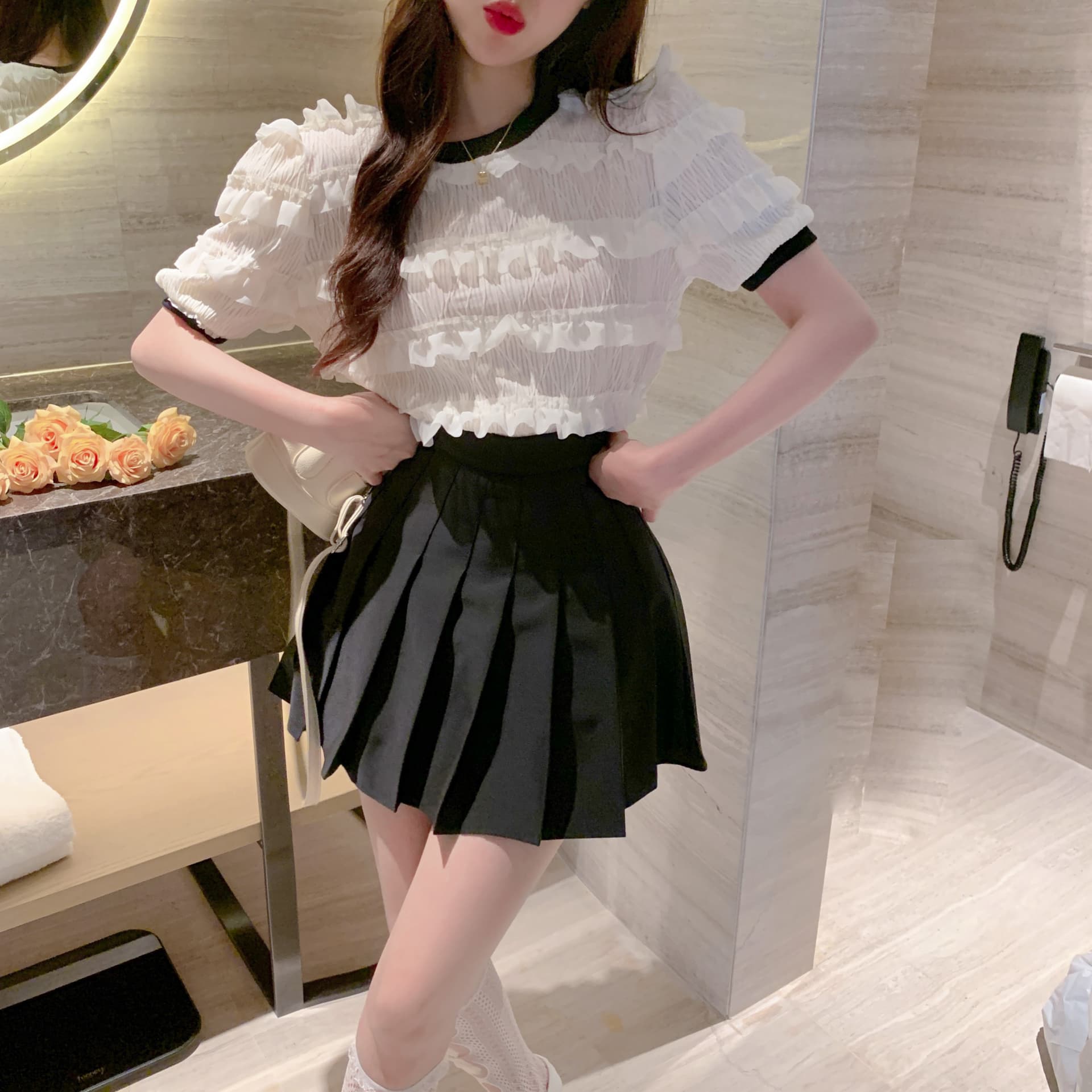 실사 정가 디자인 센스 프릴 라운드 넥 반팔 셔츠 달콤함 작은 대중 루즈핏 슬림해 보이는 맨위 상세 이미지 4