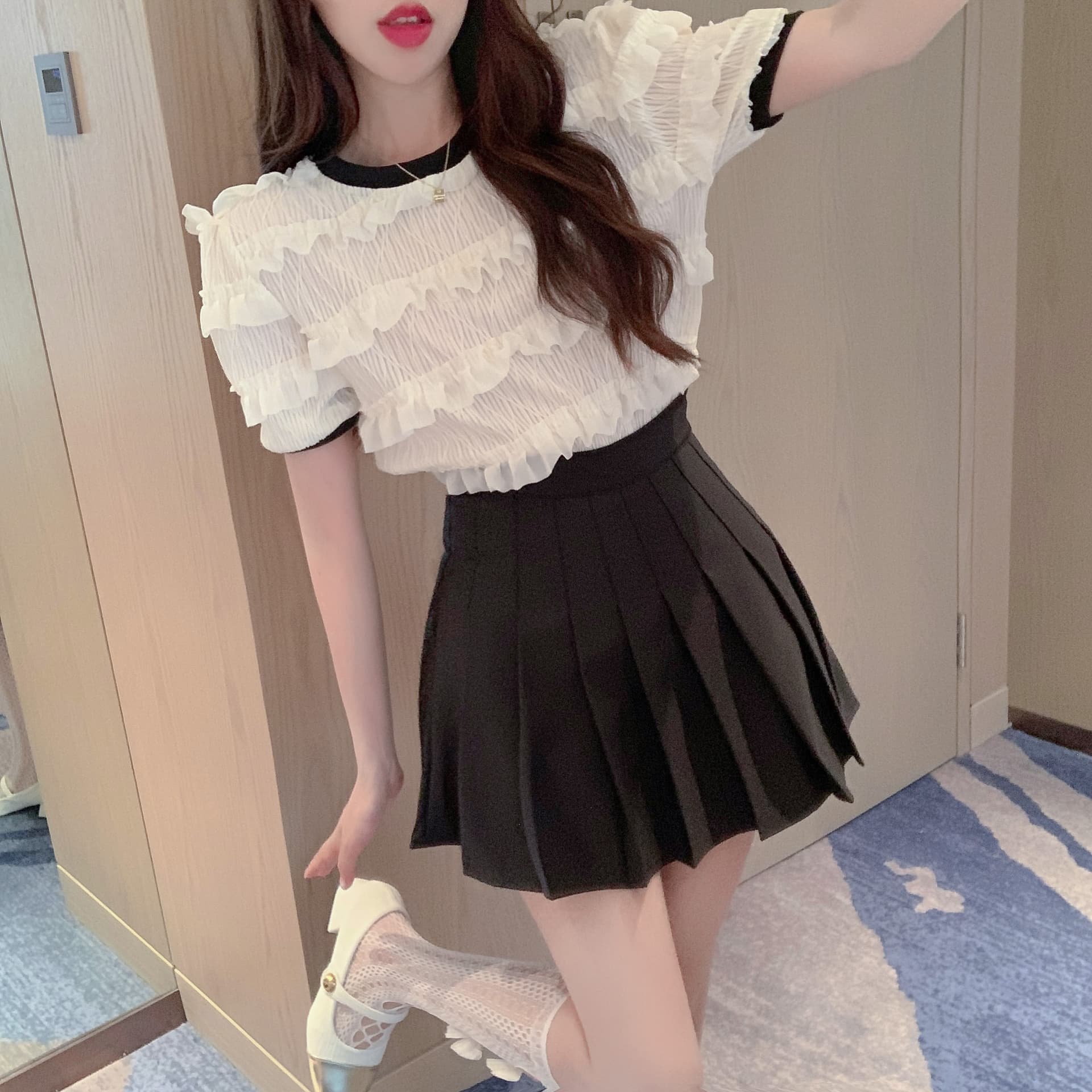 실사 정가 디자인 센스 프릴 라운드 넥 반팔 셔츠 달콤함 작은 대중 루즈핏 슬림해 보이는 맨위 상세 이미지 10
