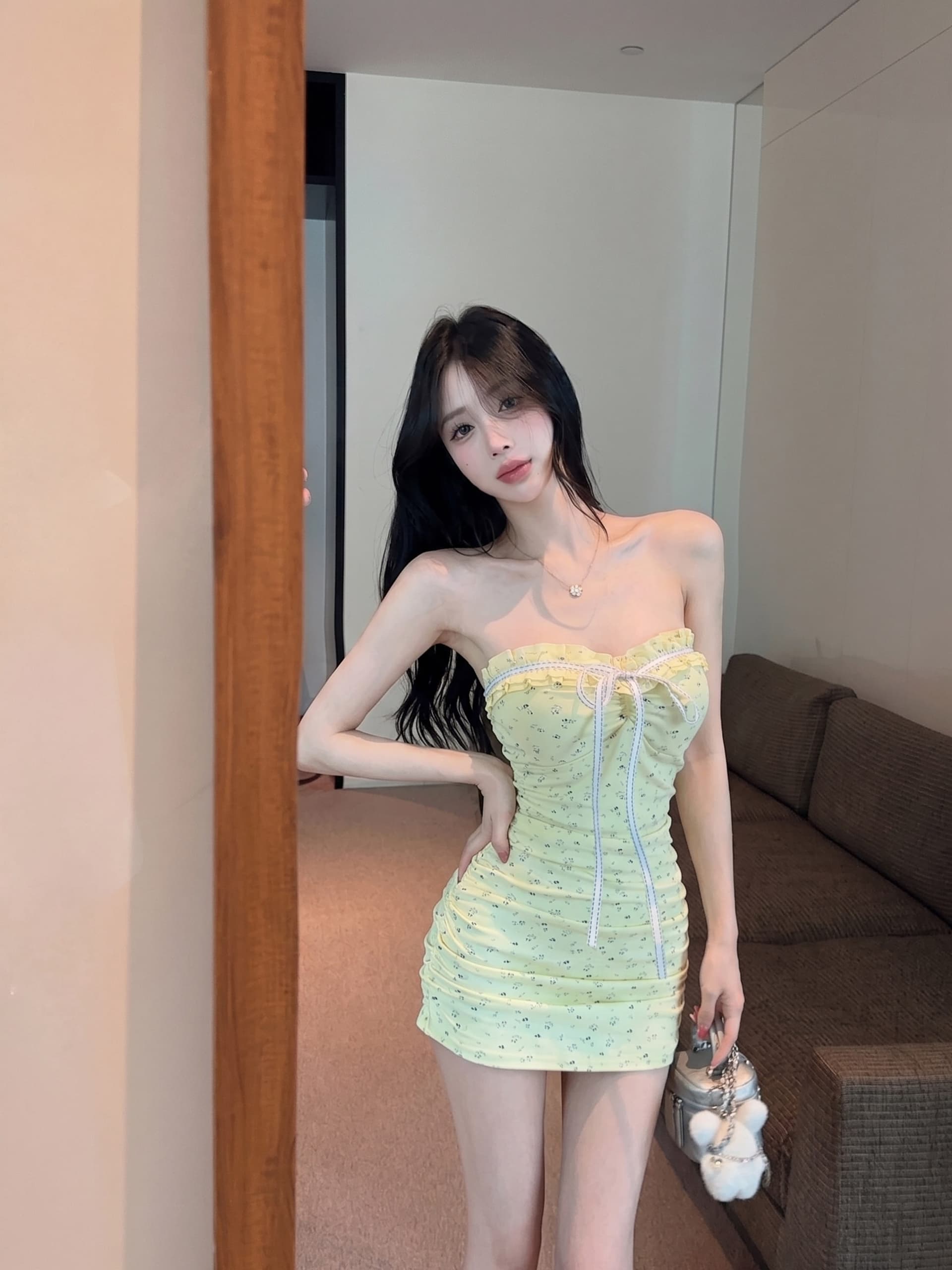 실사 정가 가을 디자인 센스 프랑스식 나비 매듭 꽃무늬 몸매 가꾸기 슬림해 보이는 튜브탑 드레스 타이트 스커트 치마 이미지 4