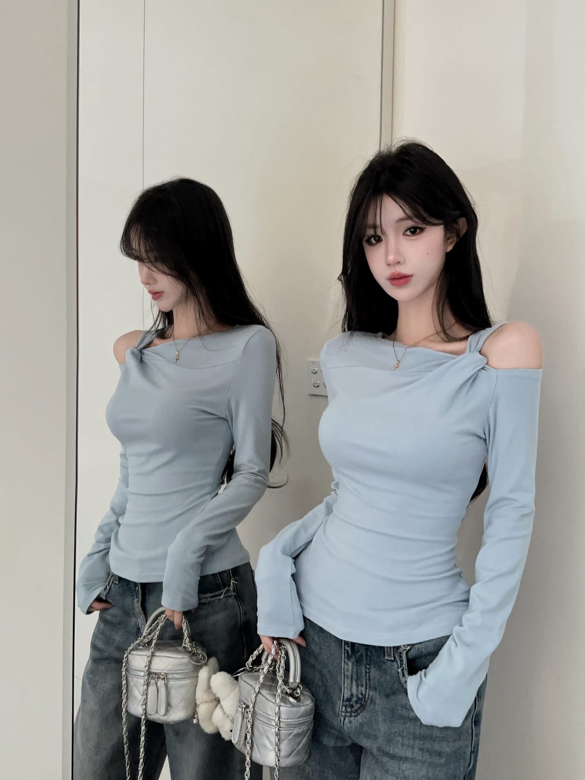 실사 정가 가을 새로운 디자인 센스 작은 대중 비틀림 비스듬한 칼라 오프숄더 티셔츠 맨위 여성 단색 긴팔 작은 셔츠 상세 이미지 13
