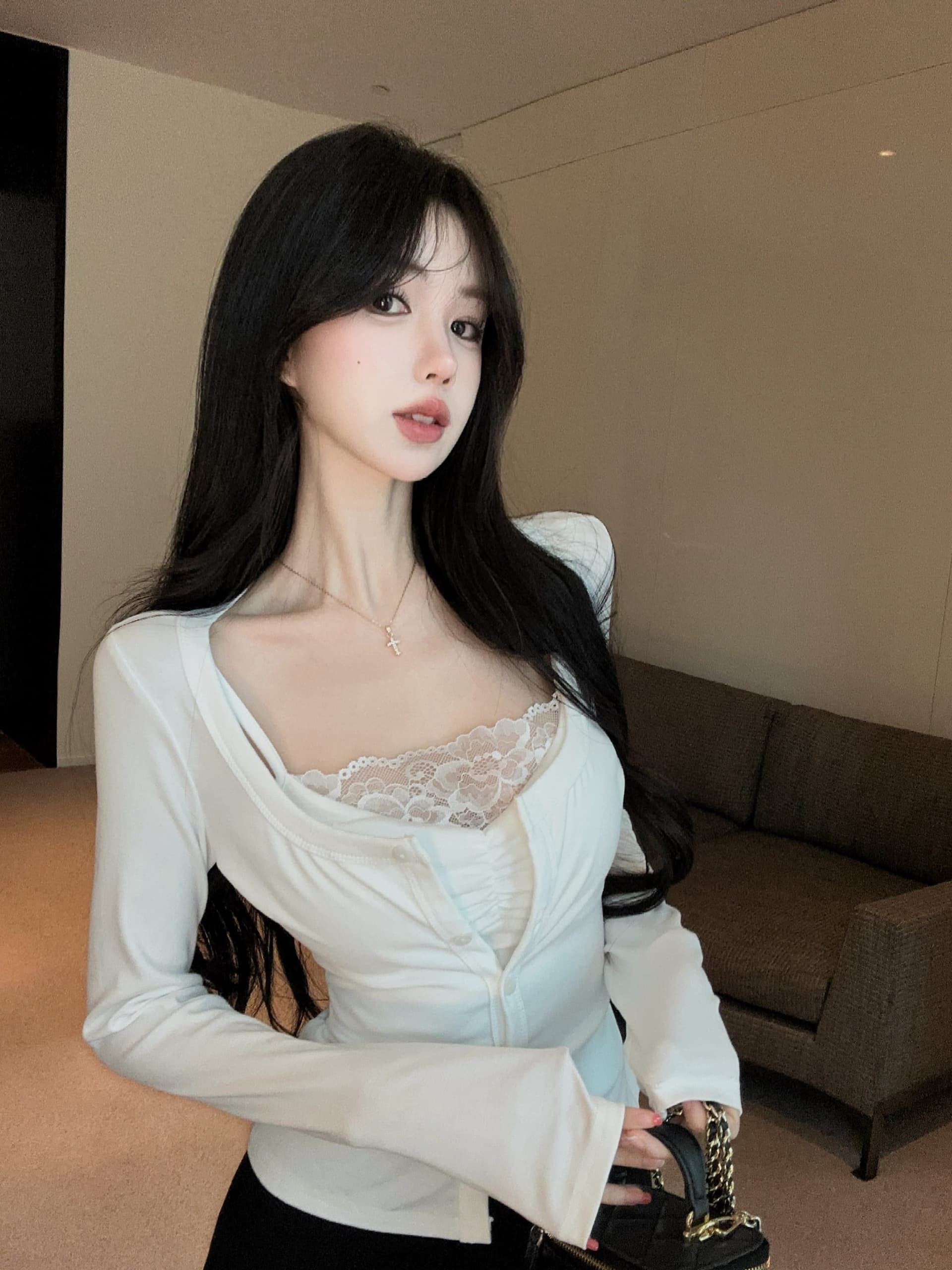 실사 정가 가을 벨트 가슴 패드 디자인 센스 페이크 레이어드 레이스 조각 오픈 가디건 여성 코트 슬립 슬림해 보이는 맨위 상세 이미지 5