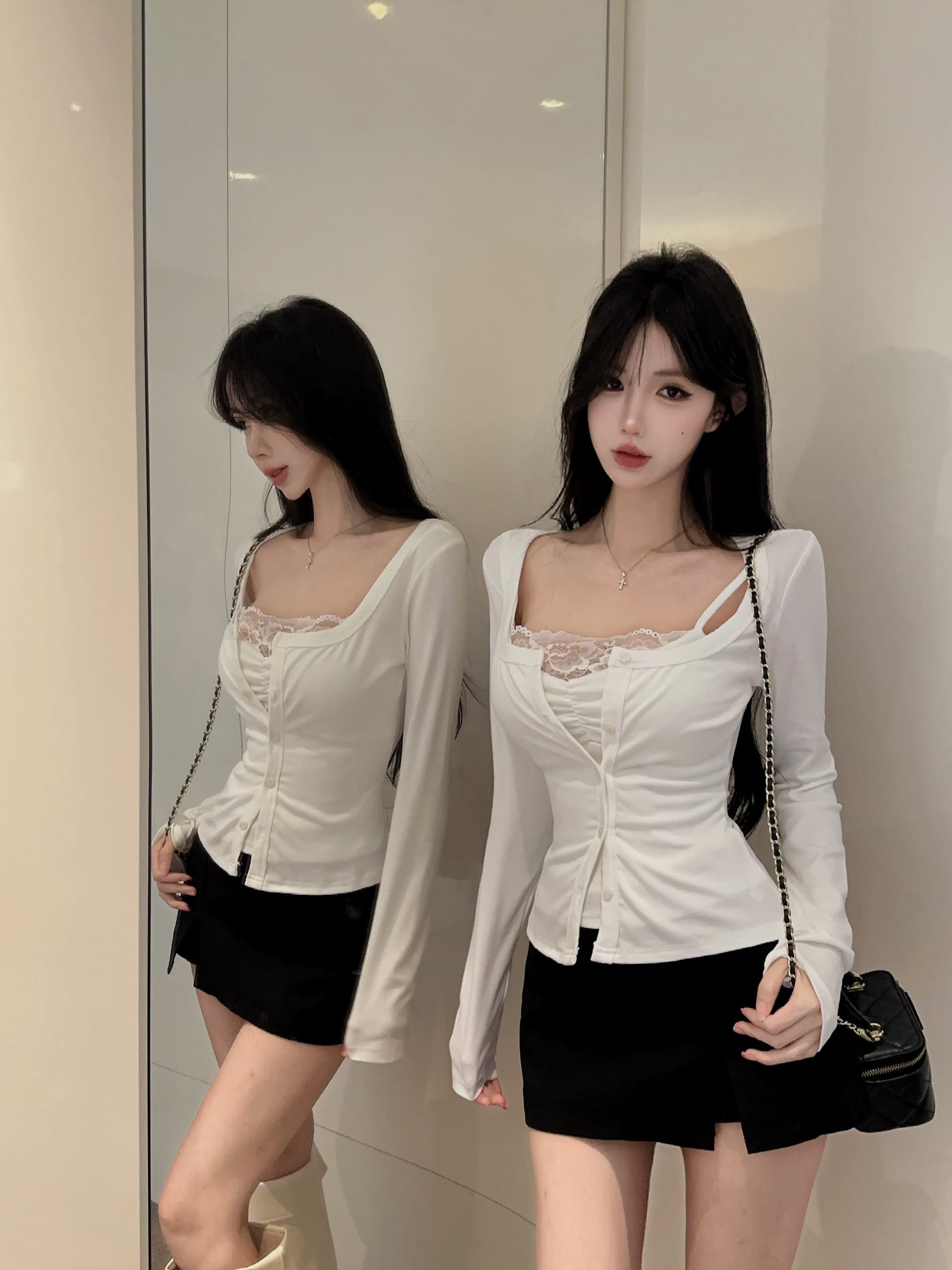 실사 정가 가을 벨트 가슴 패드 디자인 센스 페이크 레이어드 레이스 조각 오픈 가디건 여성 코트 슬립 슬림해 보이는 맨위 상세 이미지 7