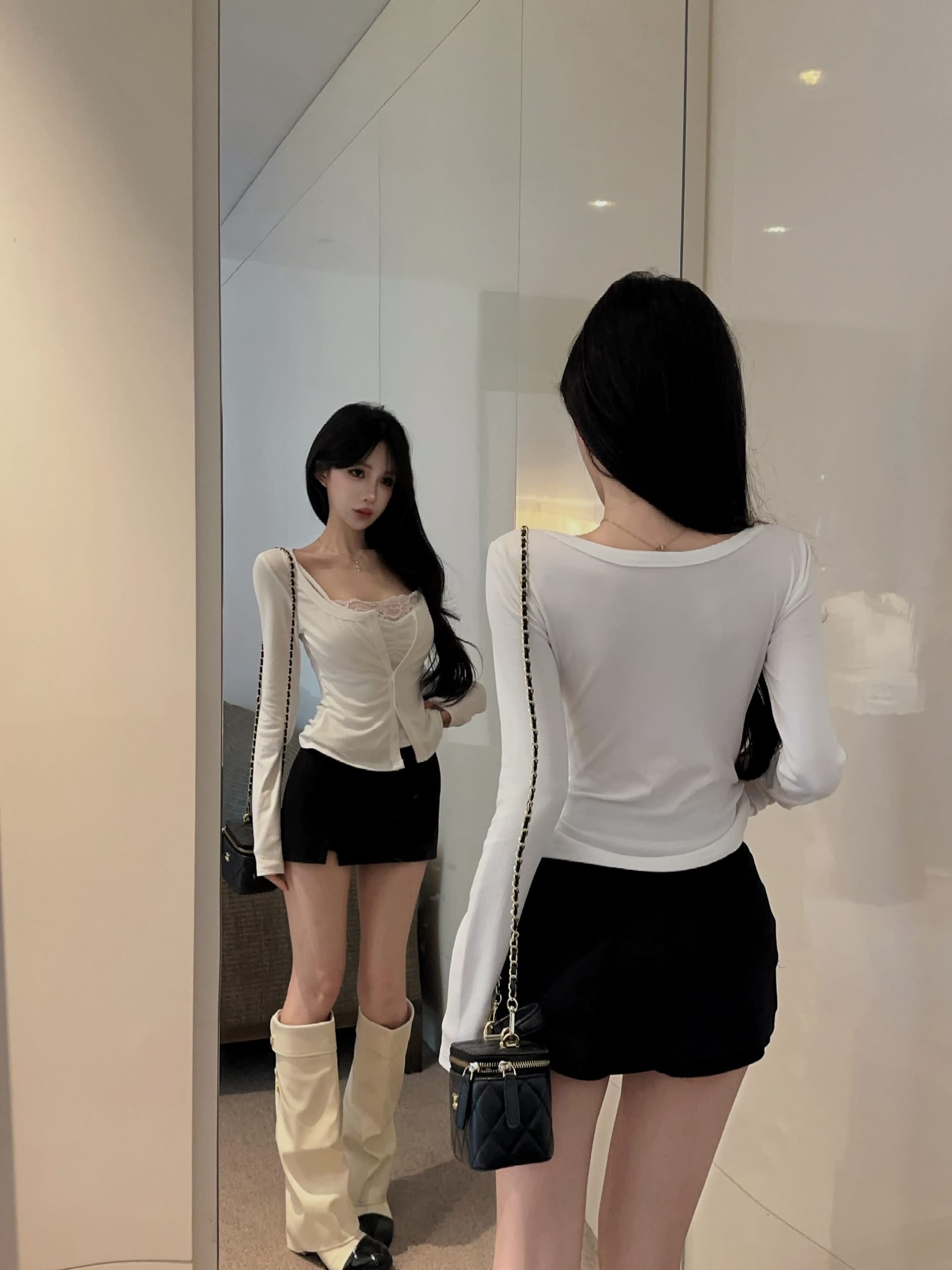 실사 정가 가을 벨트 가슴 패드 디자인 센스 페이크 레이어드 레이스 조각 오픈 가디건 여성 코트 슬립 슬림해 보이는 맨위 상세 이미지 8