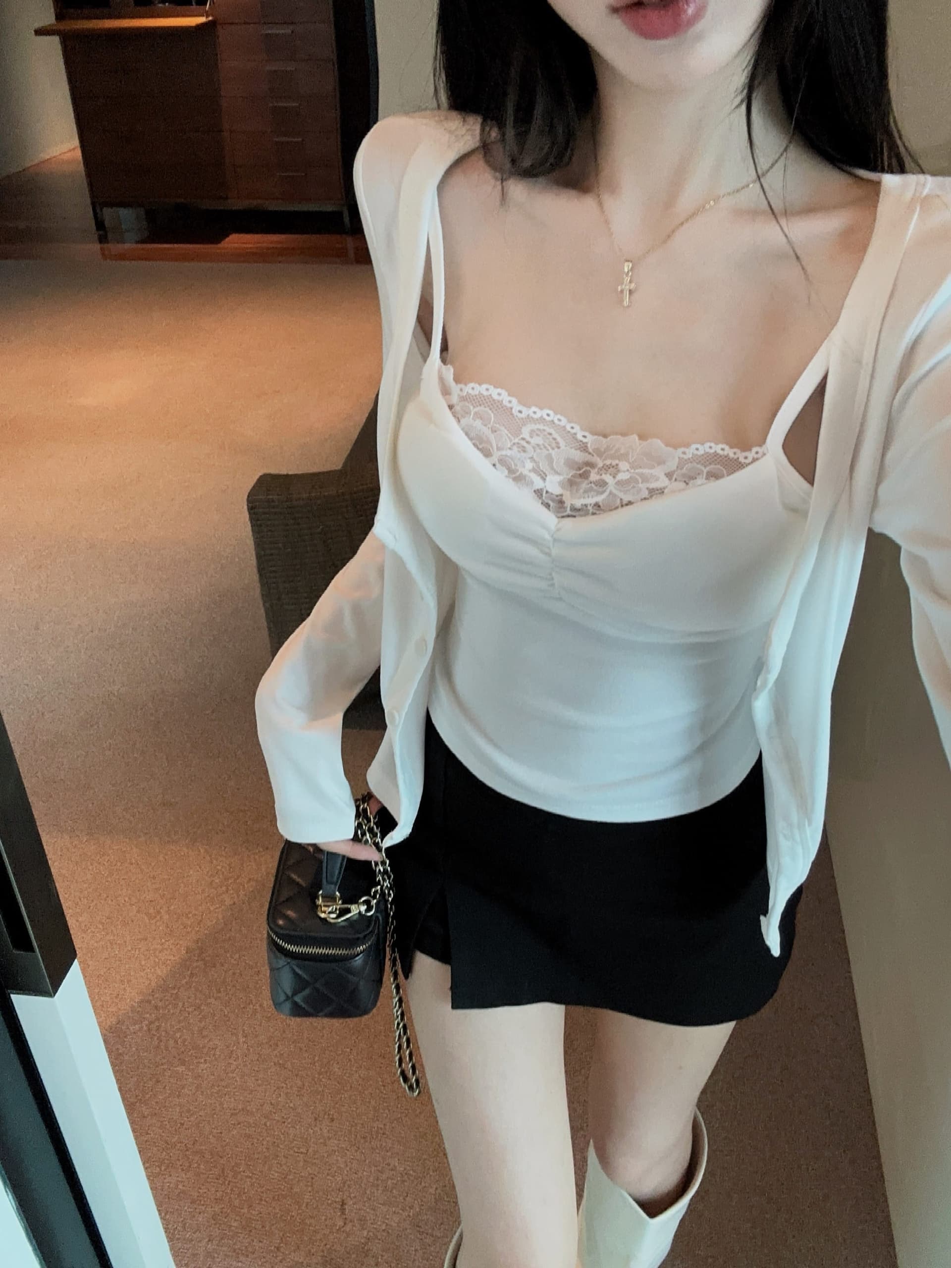 실사 정가 가을 벨트 가슴 패드 디자인 센스 페이크 레이어드 레이스 조각 오픈 가디건 여성 코트 슬립 슬림해 보이는 맨위 상세 이미지 9
