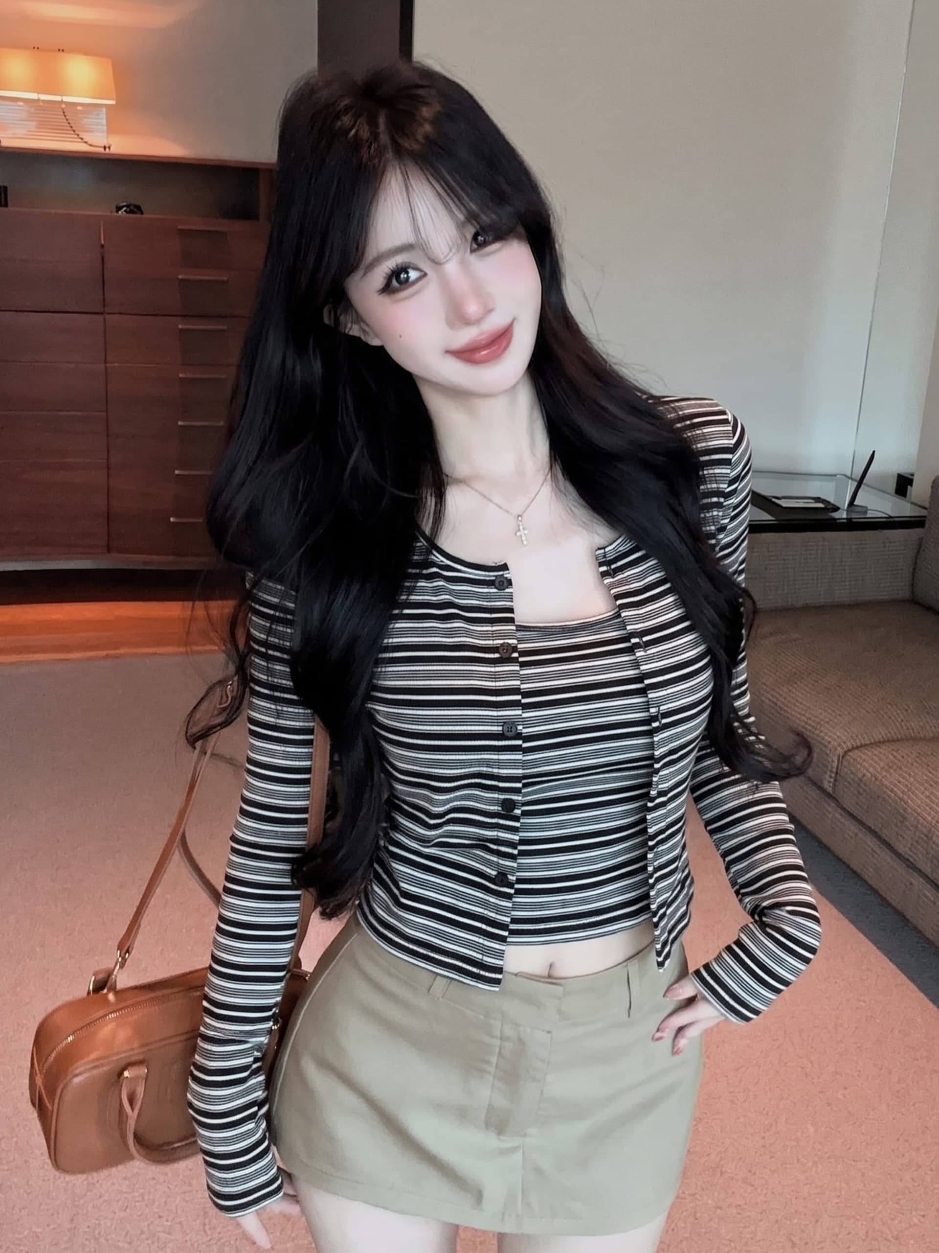 실사 정가 가을 새로운 벨트 가슴 패드 투피스 슈트 여성 스트라이프 카디건 코트 슬림해 보이는 만나는 캐미솔 이미지 3