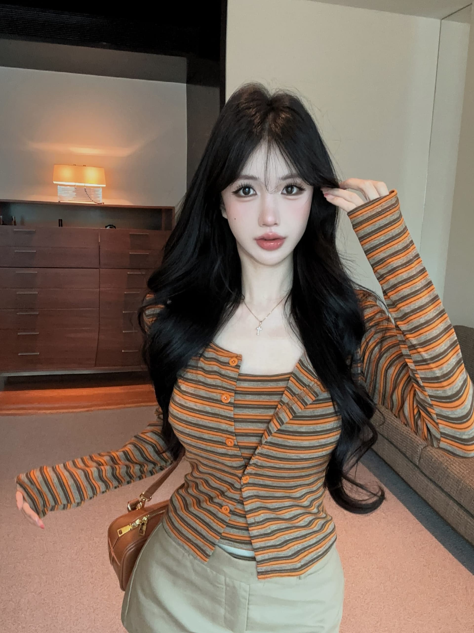 실사 정가 가을 새로운 벨트 가슴 패드 투피스 슈트 여성 스트라이프 카디건 코트 슬림해 보이는 만나는 캐미솔 상세 이미지 6