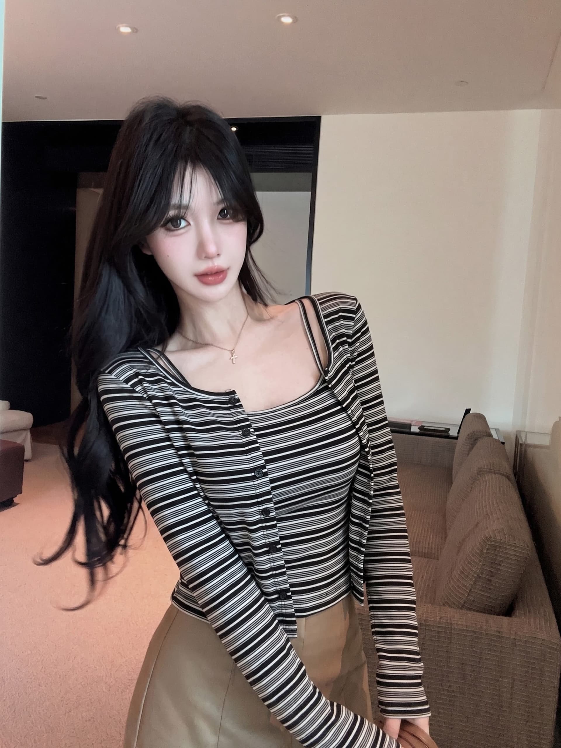 실사 정가 가을 새로운 벨트 가슴 패드 투피스 슈트 여성 스트라이프 카디건 코트 슬림해 보이는 만나는 캐미솔 상세 이미지 20