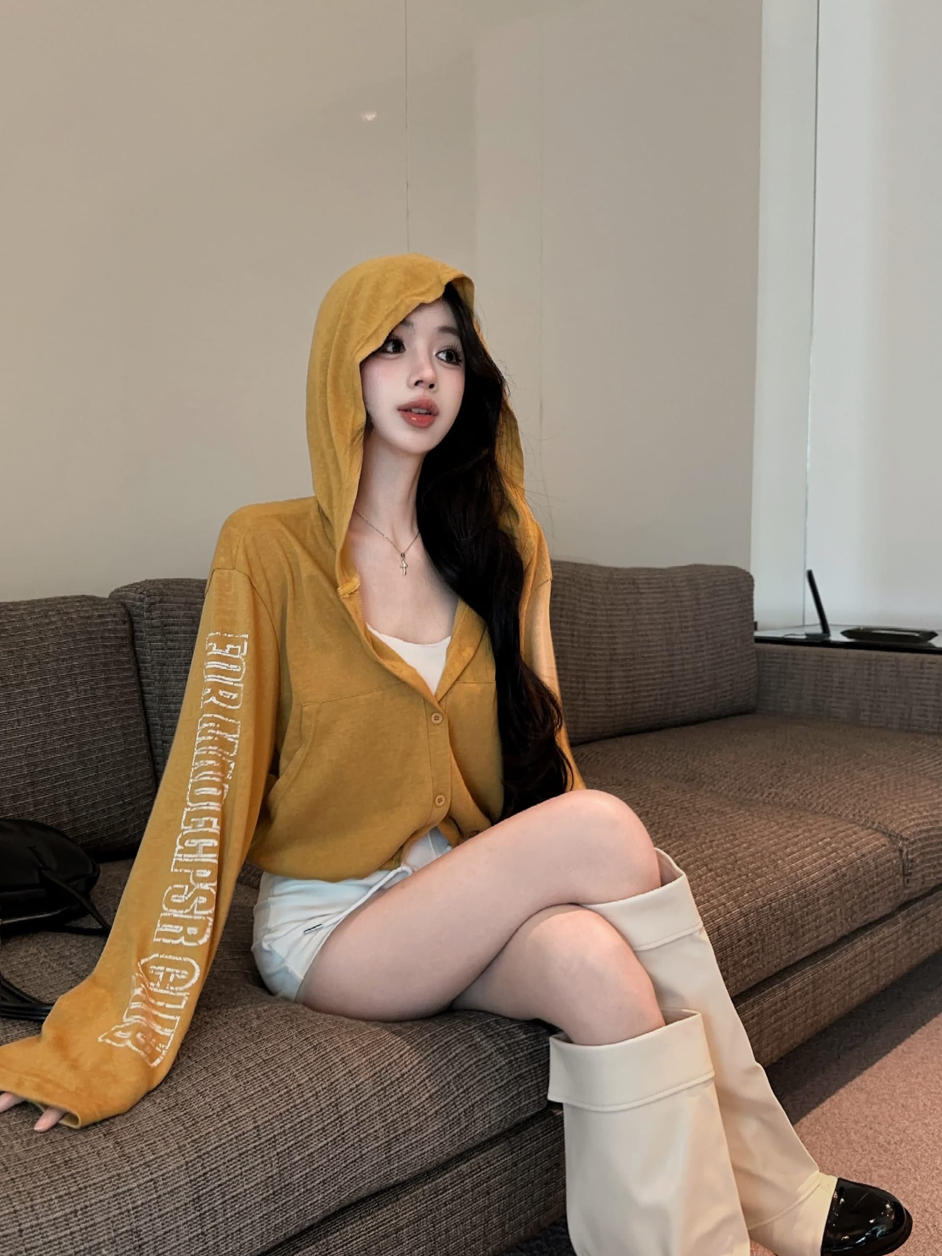 실사 정가 가을 새로운 후드 긴팔 티셔츠 오픈 가디건 여성 알파벳 프린트 밑단 펌프 로프 슬림해 보이는 재킷 상세 이미지 6