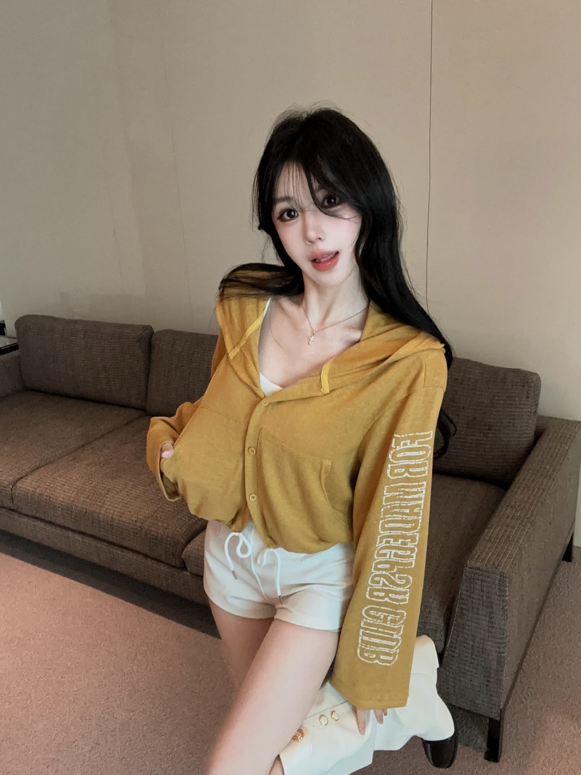 실사 정가 가을 새로운 후드 긴팔 티셔츠 오픈 가디건 여성 알파벳 프린트 밑단 펌프 로프 슬림해 보이는 재킷 상세 이미지 8