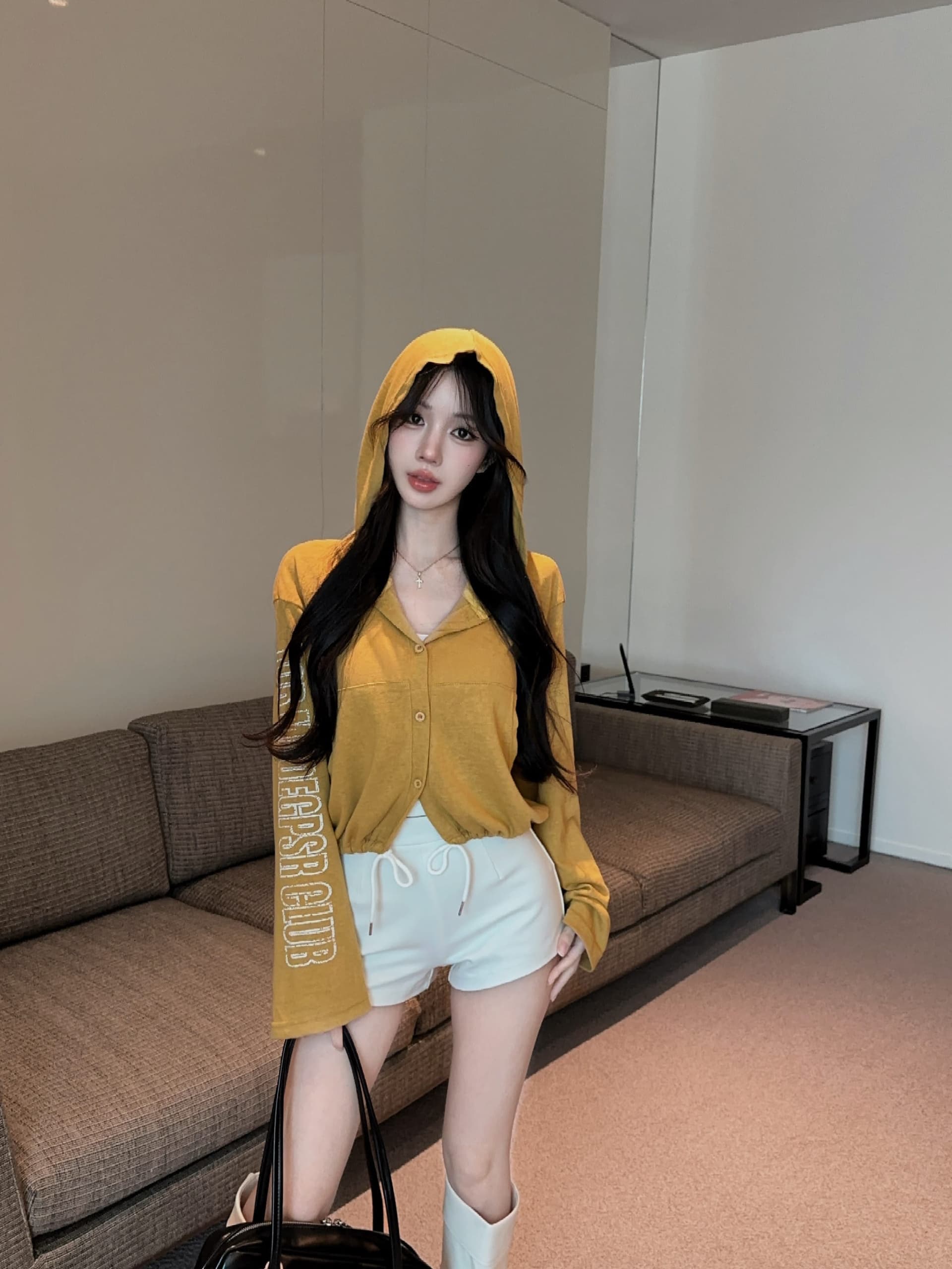 실사 정가 가을 새로운 후드 긴팔 티셔츠 오픈 가디건 여성 알파벳 프린트 밑단 펌프 로프 슬림해 보이는 재킷 상세 이미지 9