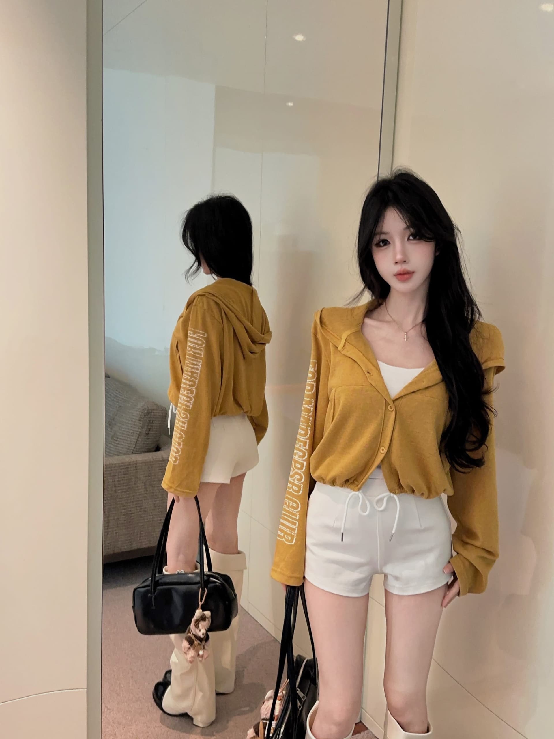 실사 정가 가을 새로운 후드 긴팔 티셔츠 오픈 가디건 여성 알파벳 프린트 밑단 펌프 로프 슬림해 보이는 재킷 상세 이미지 10