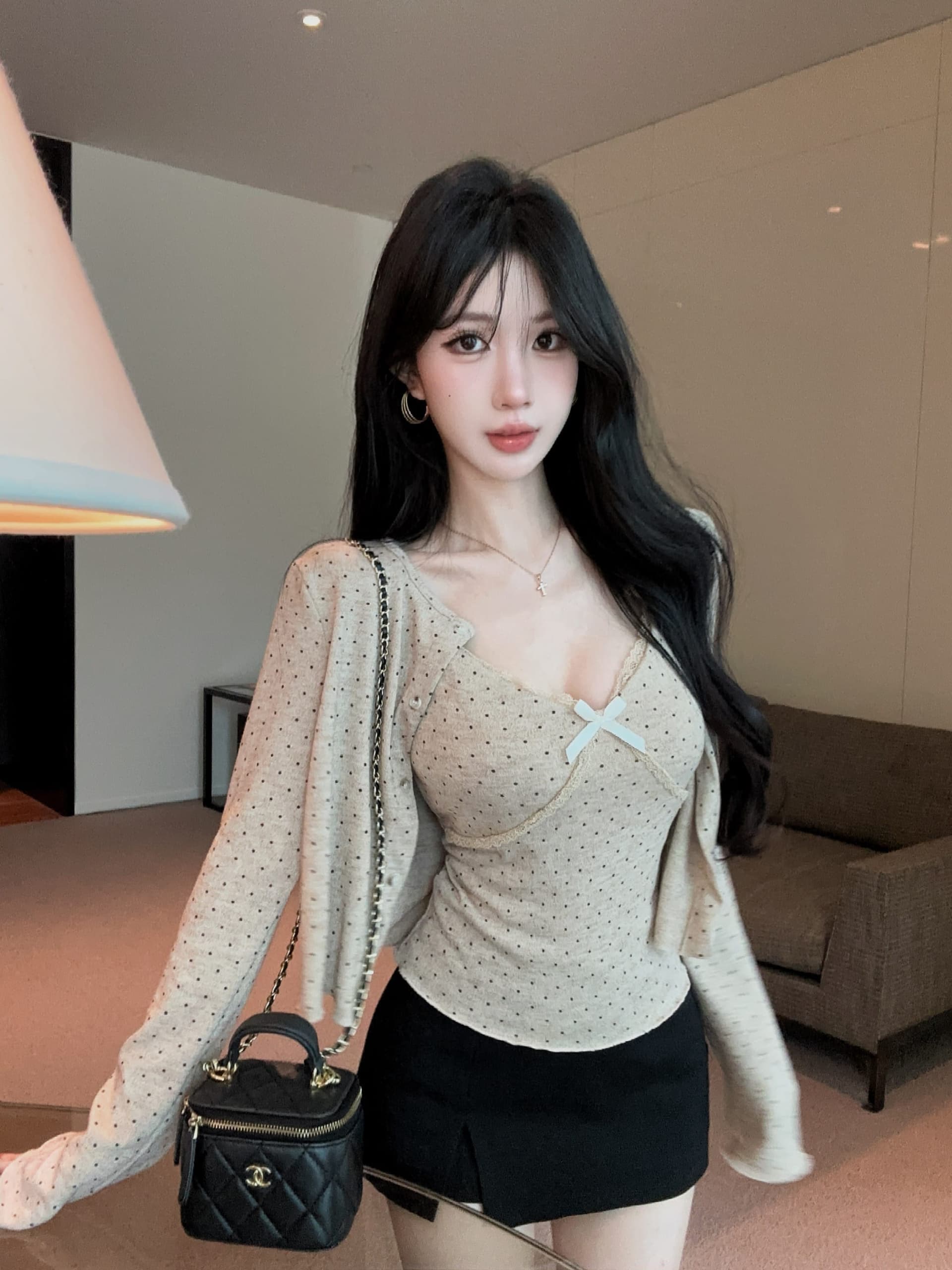 실사 정가 가을 두꺼운 도트 무늬 니트 스웨터 여성 코트 나비 매듭 레이스 측면 V넥 슬립 투피스 슈트 상세 이미지 1