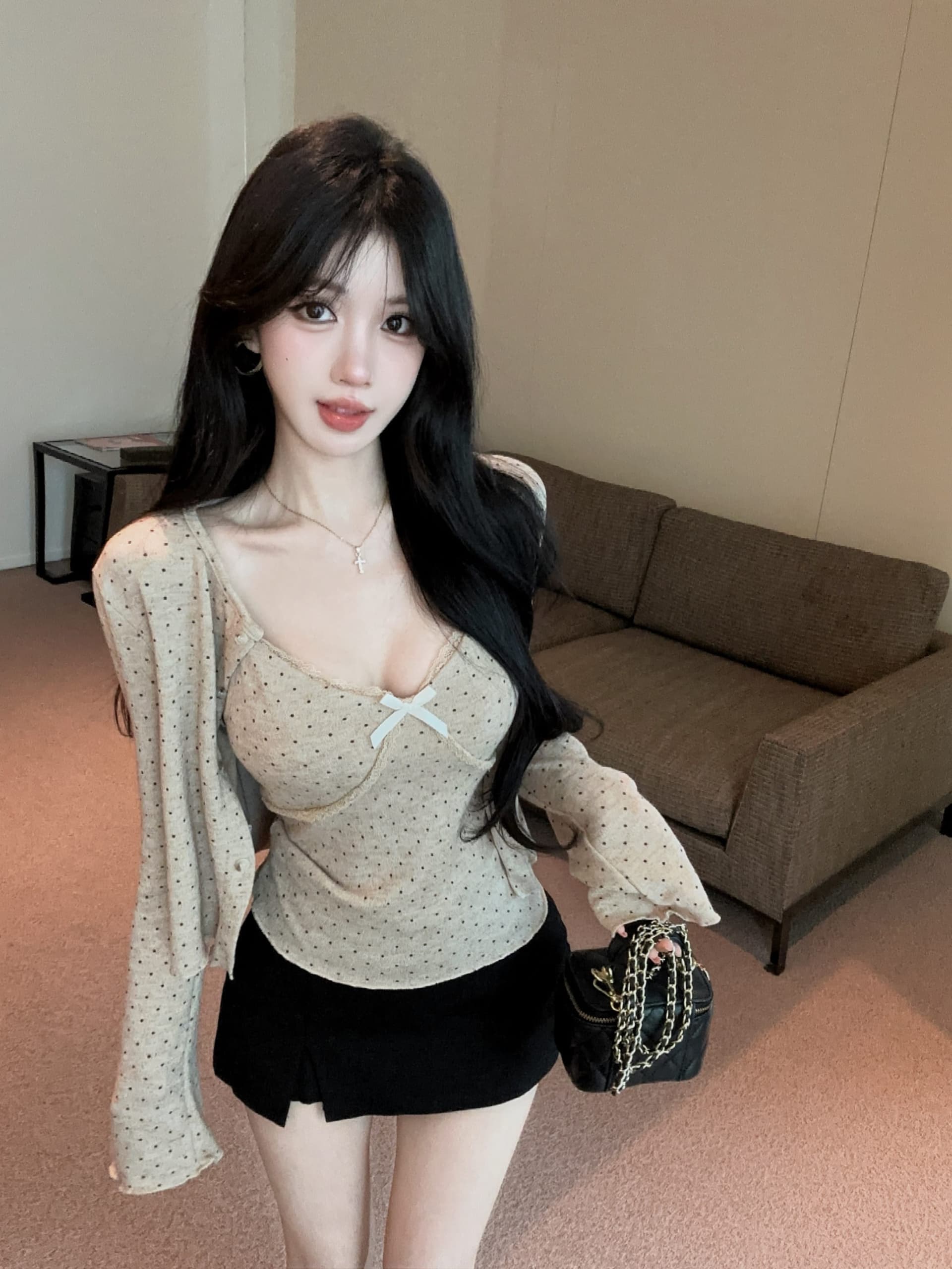 실사 정가 가을 두꺼운 도트 무늬 니트 스웨터 여성 코트 나비 매듭 레이스 측면 V넥 슬립 투피스 슈트 상세 이미지 9