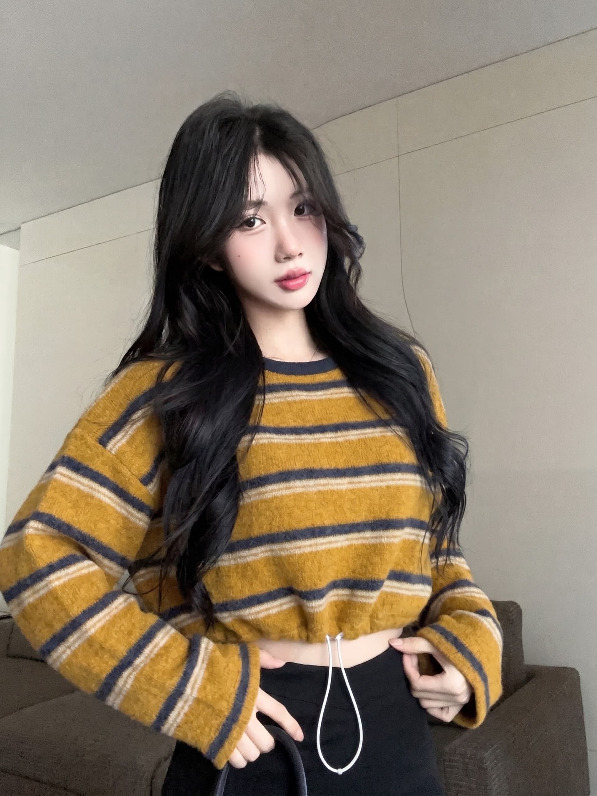 실사 정가 레트로 배색 스트라이프 펌프 로프 라운드 넥 긴팔 후드티 여성 느긋한 바람 루즈핏 슬림해 보이는 티셔츠 트렌디 상세 이미지 17