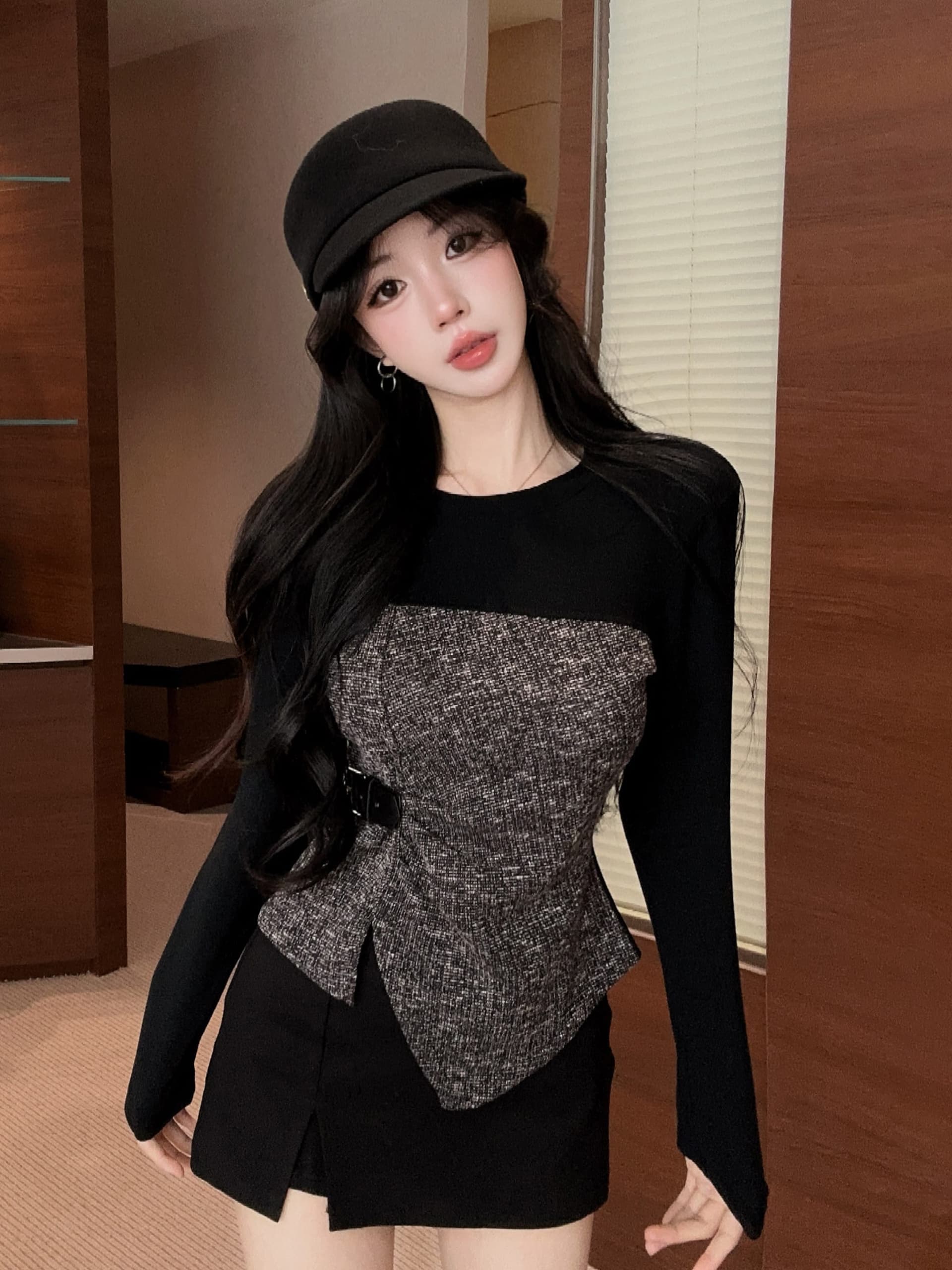 실사 정가 가을 불규칙 밑단 패치워크 긴팔 티셔츠 여성 외출용 기본 셔츠 허리 수축 몸매 가꾸기 슬림해 보이는 맨위 상세 이미지 1