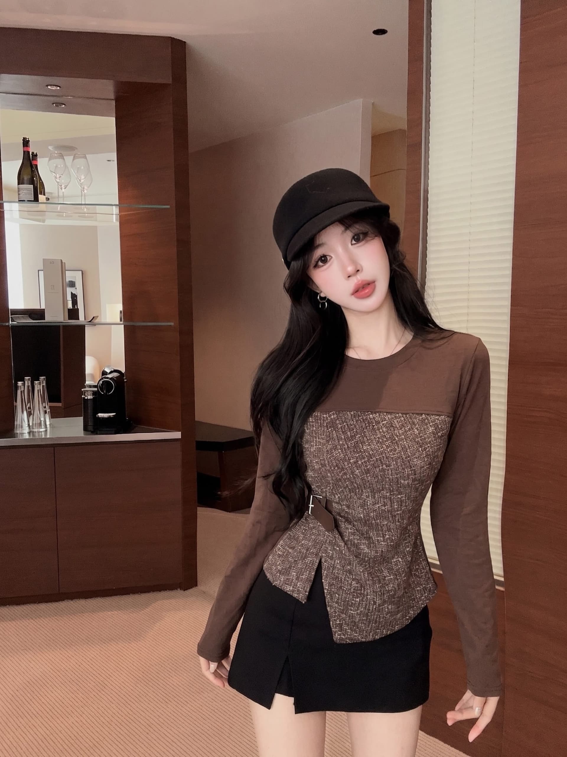 실사 정가 가을 불규칙 밑단 패치워크 긴팔 티셔츠 여성 외출용 기본 셔츠 허리 수축 몸매 가꾸기 슬림해 보이는 맨위 상세 이미지 15