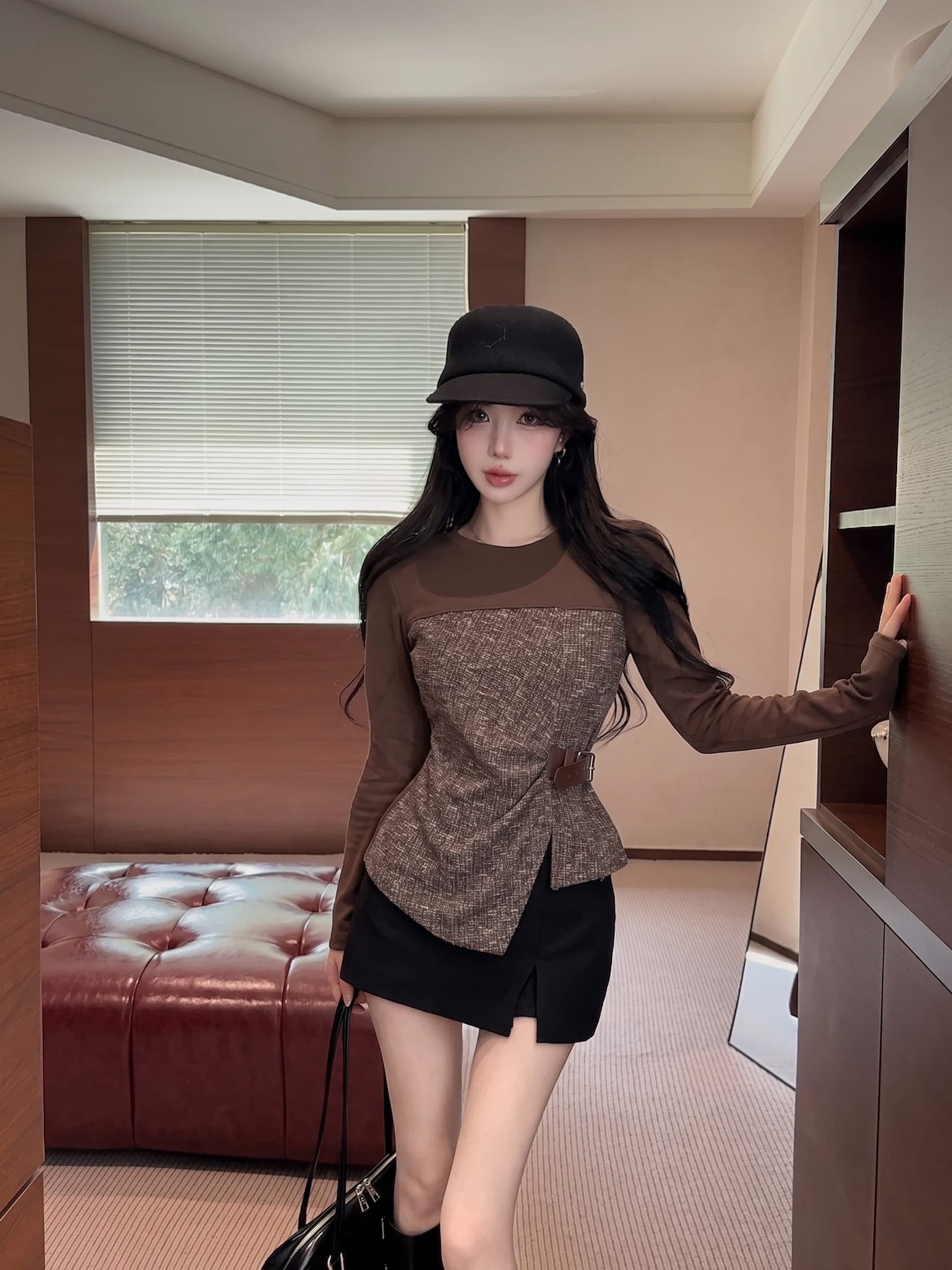 실사 정가 가을 불규칙 밑단 패치워크 긴팔 티셔츠 여성 외출용 기본 셔츠 허리 수축 몸매 가꾸기 슬림해 보이는 맨위 상세 이미지 16