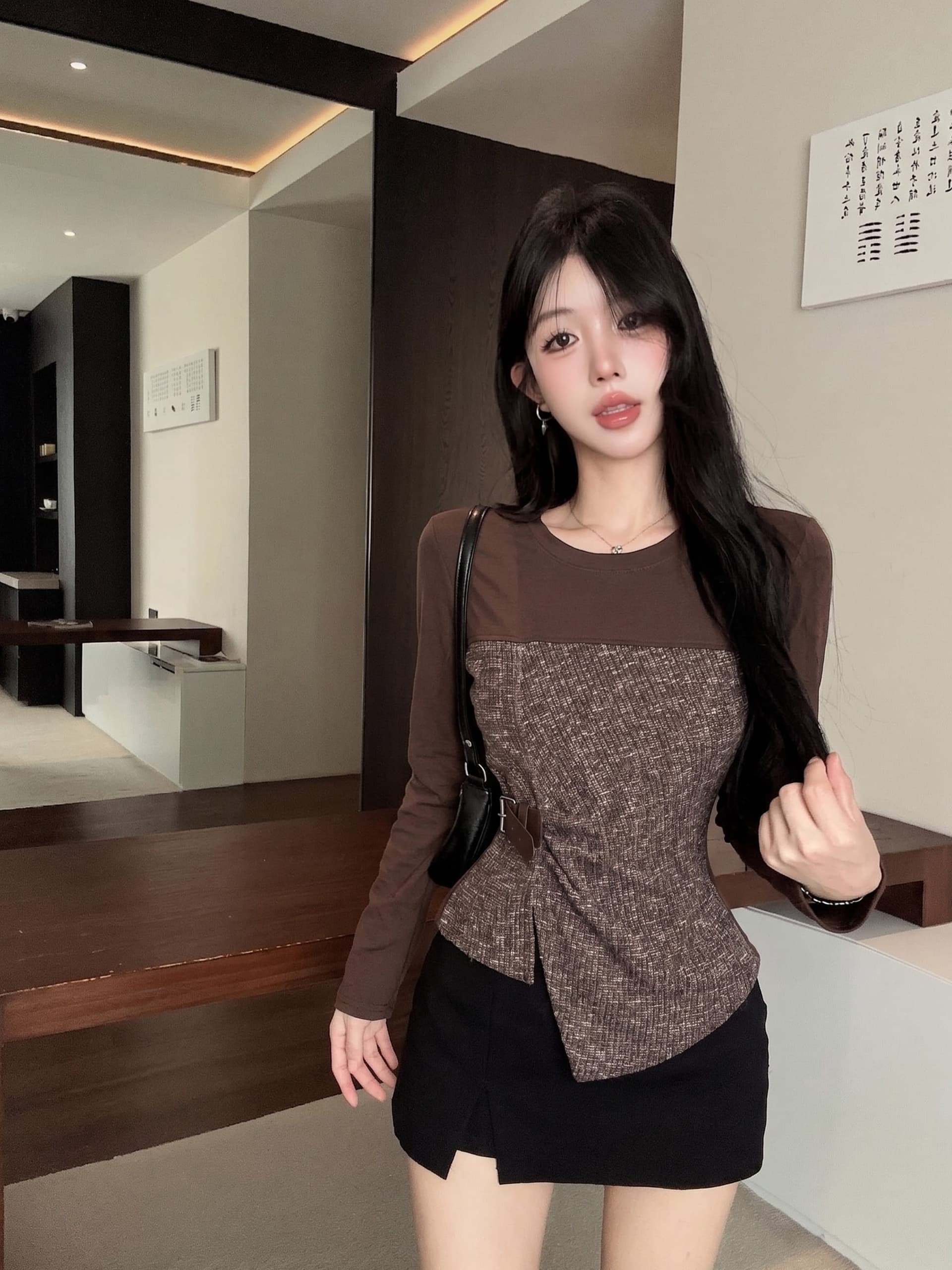 실사 정가 가을 불규칙 밑단 패치워크 긴팔 티셔츠 여성 외출용 기본 셔츠 허리 수축 몸매 가꾸기 슬림해 보이는 맨위 상세 이미지 18