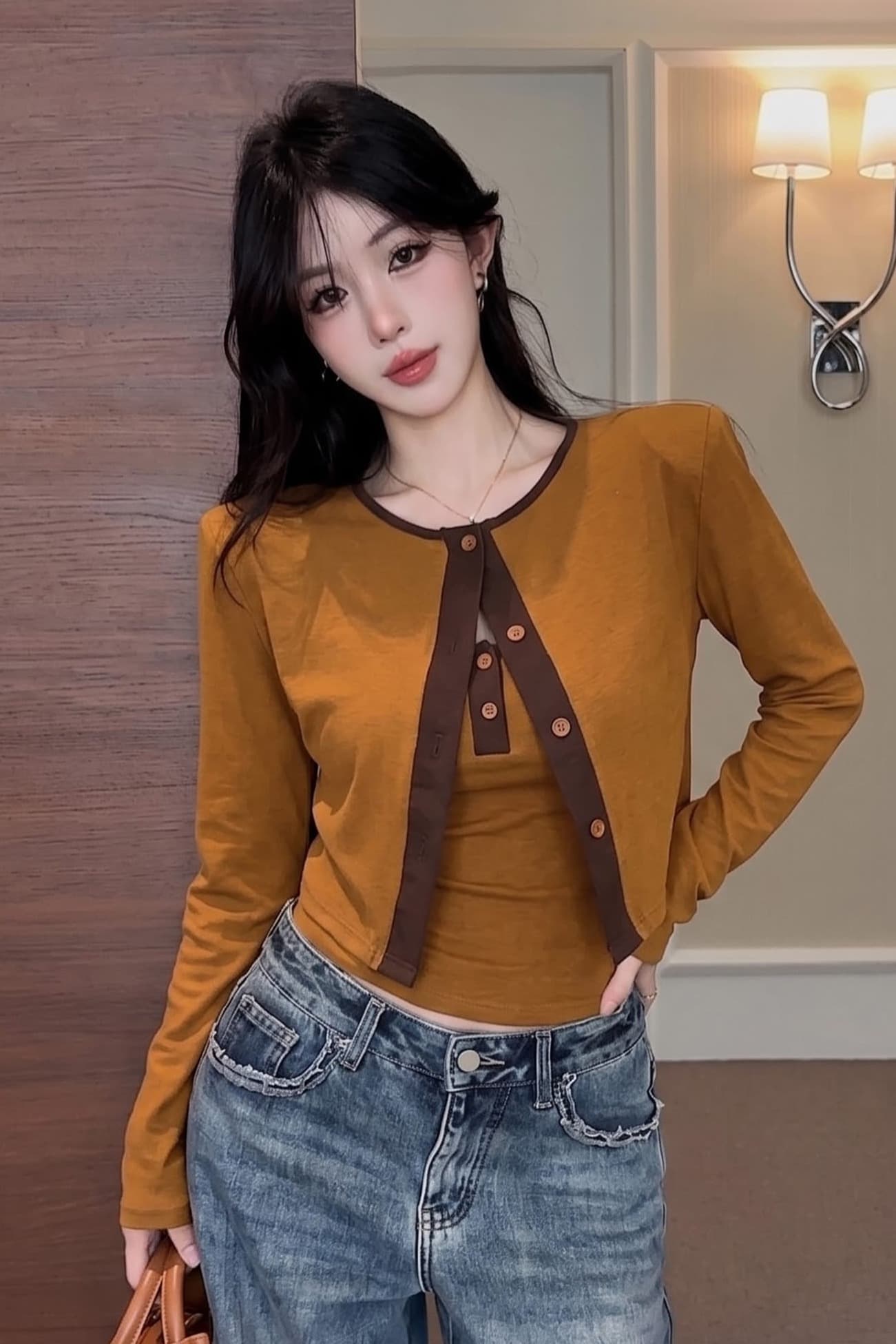 실사 정가 가을 새로운 어깨 패드 디자인 센스 배색 몸매 가꾸기 조끼 외국 가스 오픈 가디건 슬림해 보이는 투피스 슈트 이미지 6