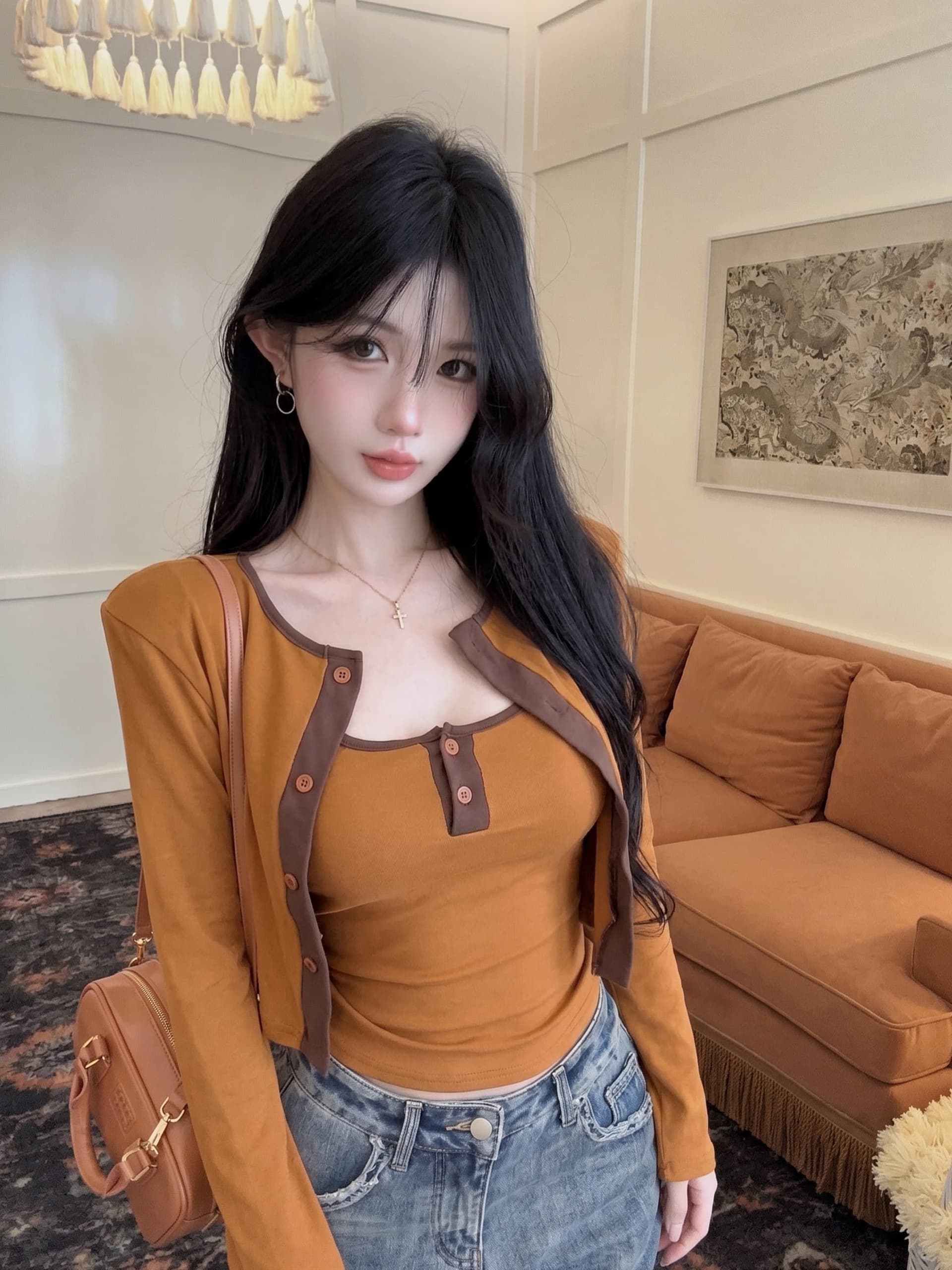 실사 정가 가을 새로운 어깨 패드 디자인 센스 배색 몸매 가꾸기 조끼 외국 가스 오픈 가디건 슬림해 보이는 투피스 슈트 상세 이미지 1