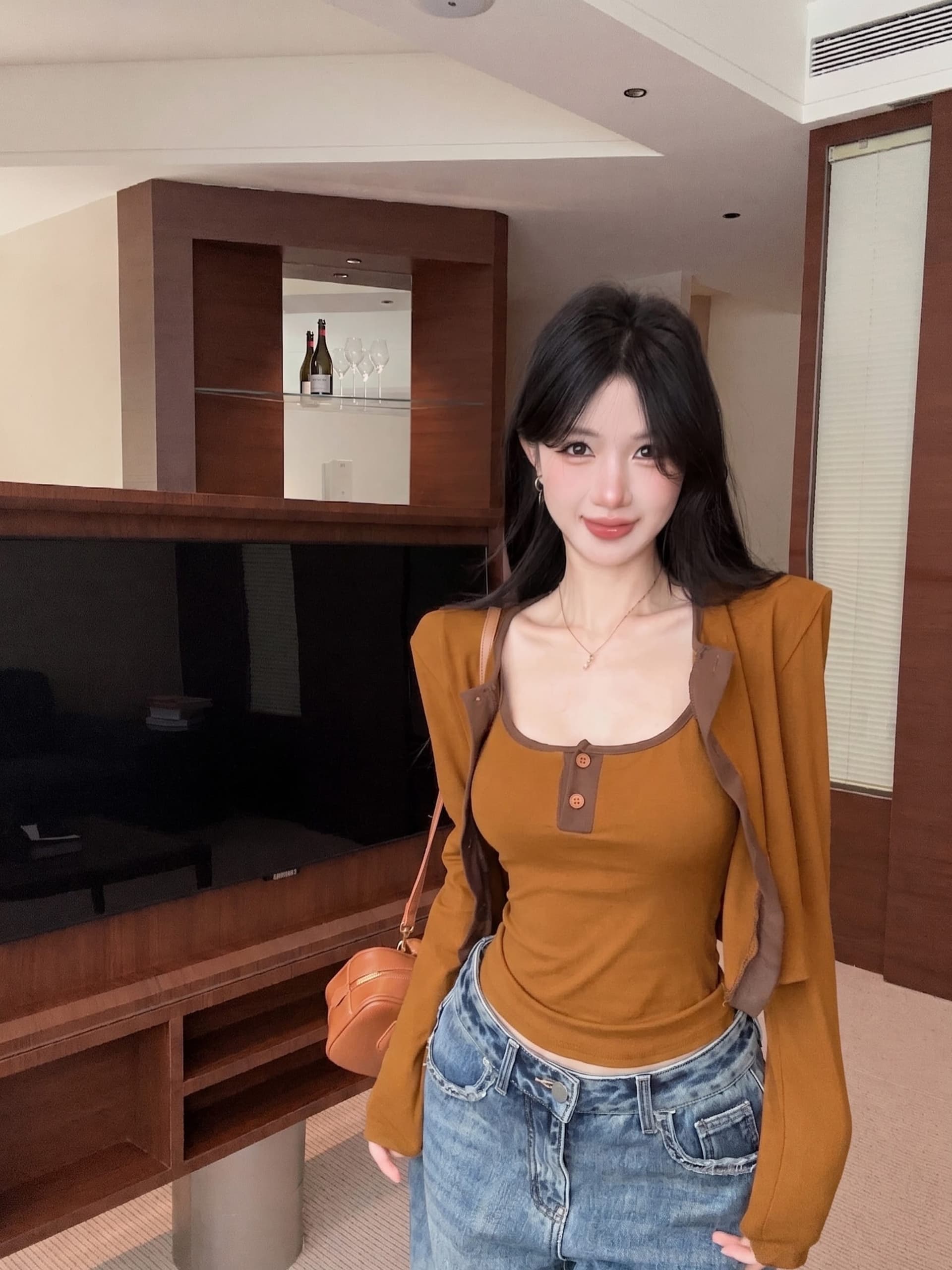 실사 정가 가을 새로운 어깨 패드 디자인 센스 배색 몸매 가꾸기 조끼 외국 가스 오픈 가디건 슬림해 보이는 투피스 슈트 상세 이미지 6