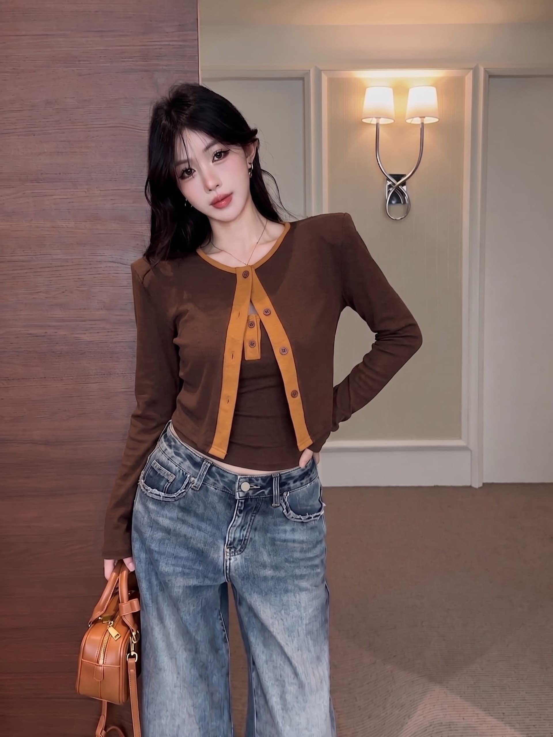 실사 정가 가을 새로운 어깨 패드 디자인 센스 배색 몸매 가꾸기 조끼 외국 가스 오픈 가디건 슬림해 보이는 투피스 슈트 상세 이미지 16