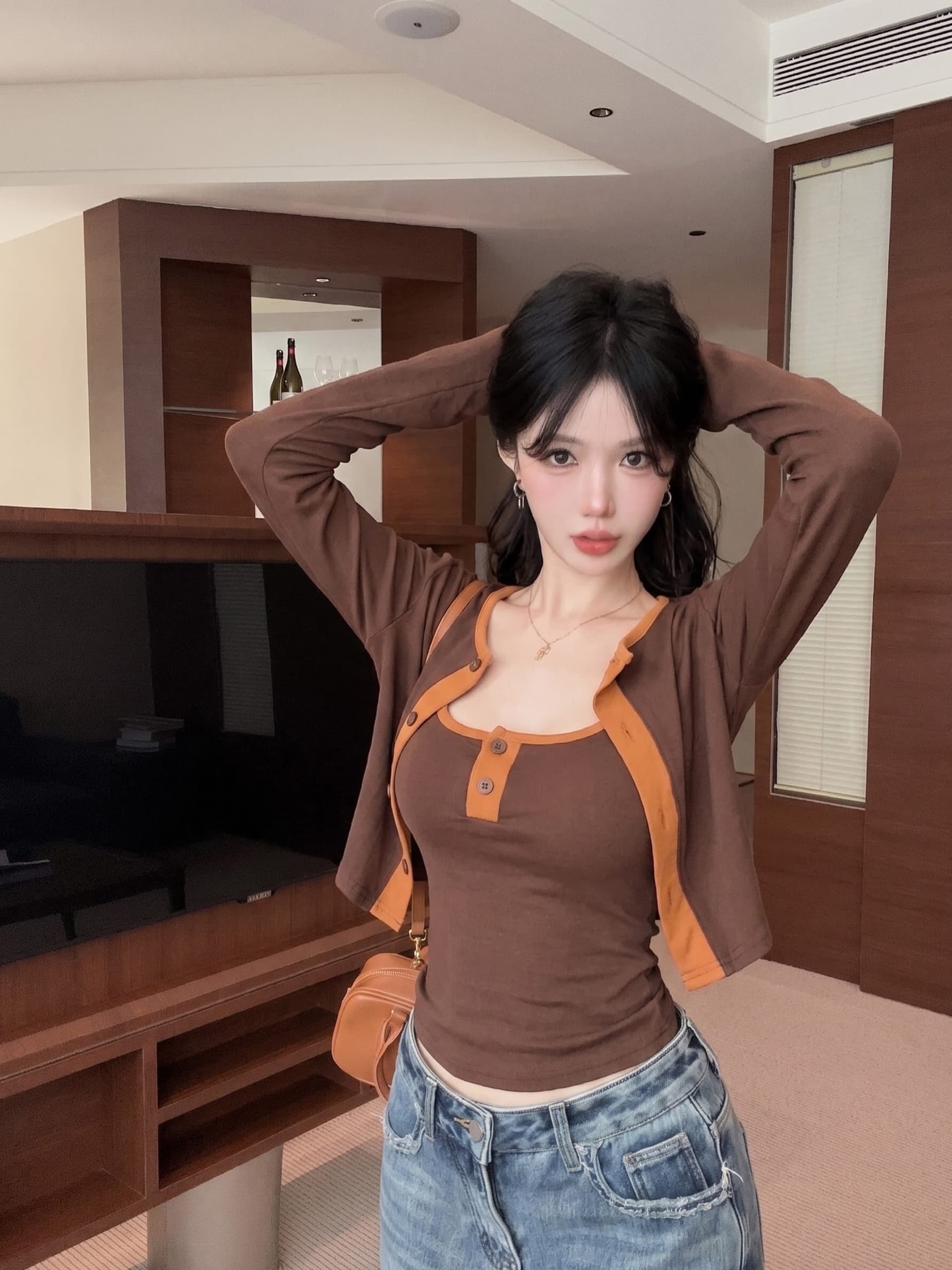 실사 정가 가을 새로운 어깨 패드 디자인 센스 배색 몸매 가꾸기 조끼 외국 가스 오픈 가디건 슬림해 보이는 투피스 슈트 상세 이미지 21