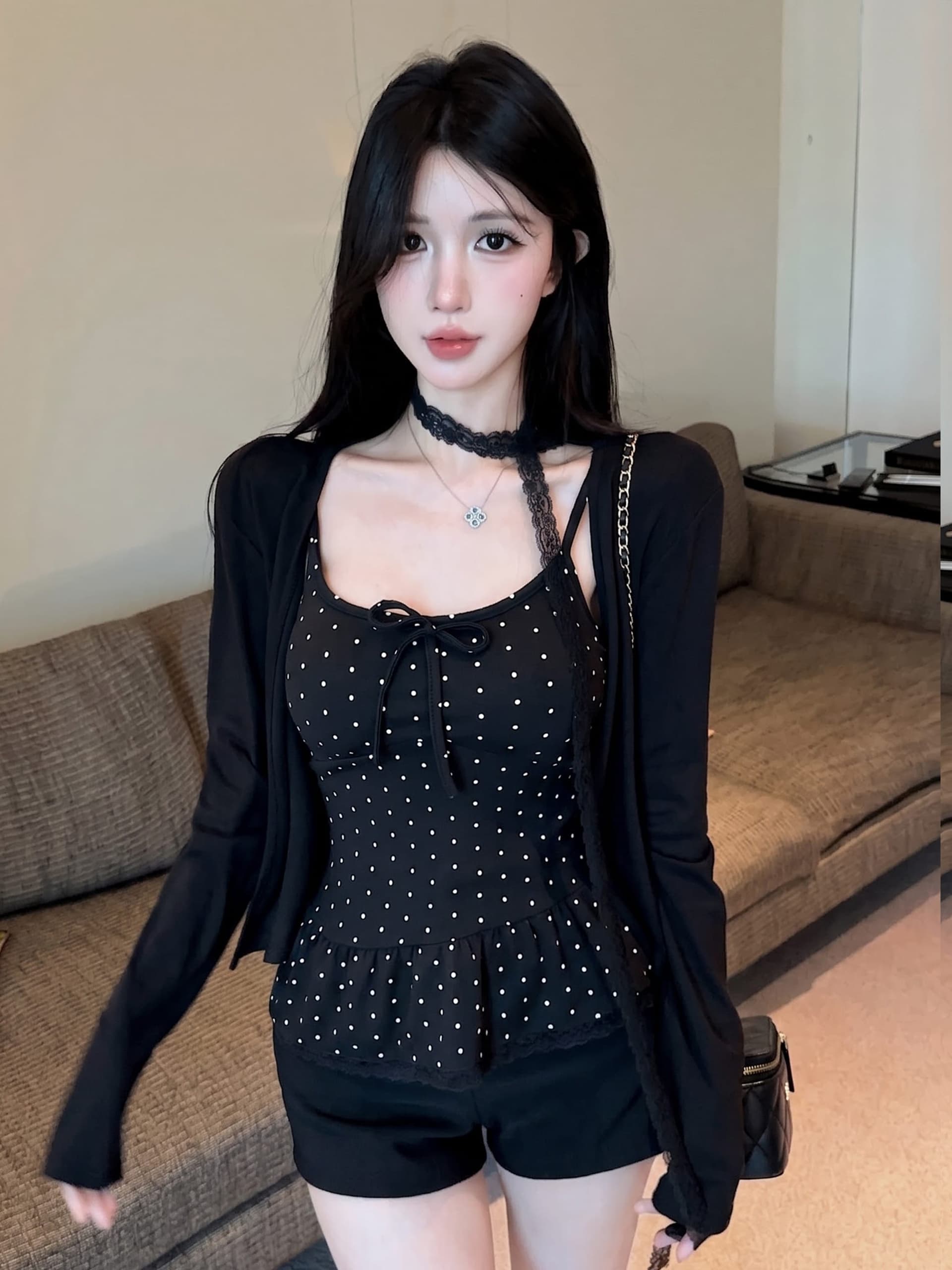 실사 정가 벨트 가슴 패드 보내기 목도리 레이스 측면 도트 무늬 캐미솔 가을 긴팔 오픈 가디건 투피스 슈트 이미지 4