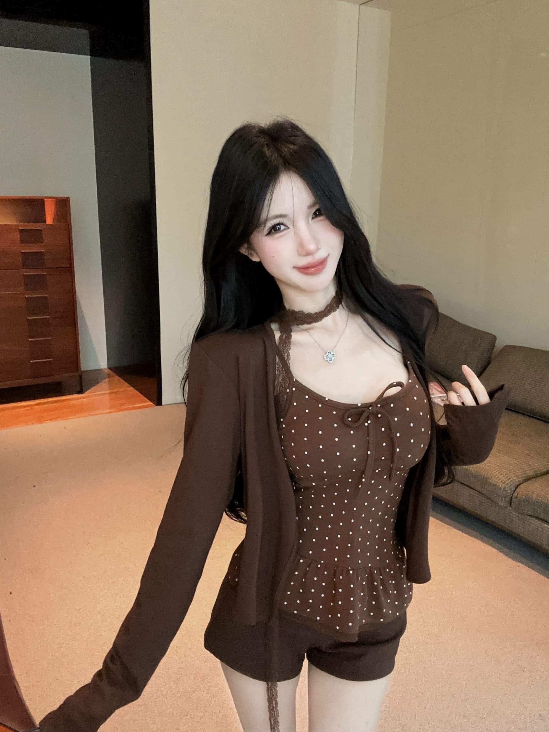 실사 정가 벨트 가슴 패드 보내기 목도리 레이스 측면 도트 무늬 캐미솔 가을 긴팔 오픈 가디건 투피스 슈트 상세 이미지 5