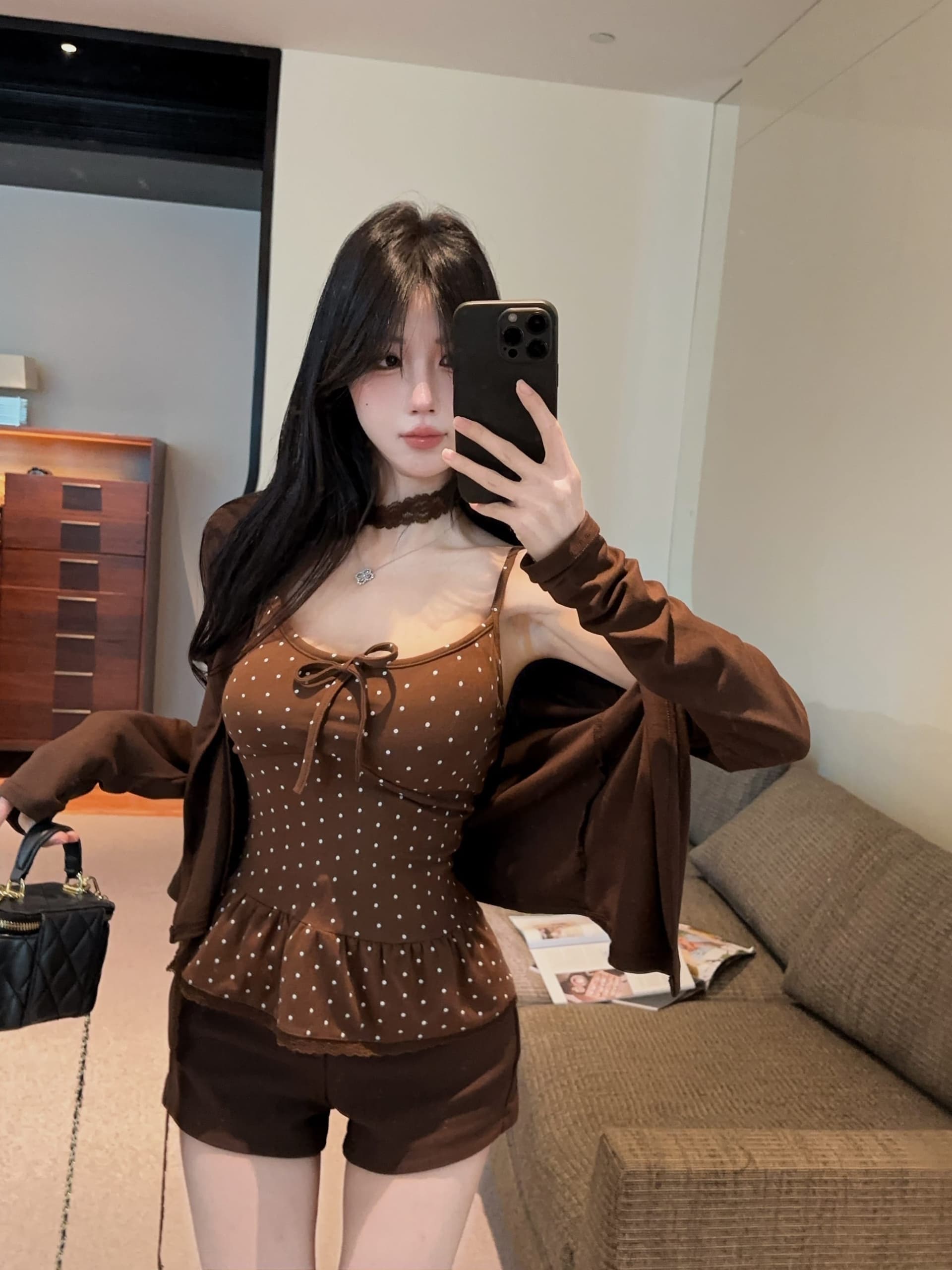 실사 정가 벨트 가슴 패드 보내기 목도리 레이스 측면 도트 무늬 캐미솔 가을 긴팔 오픈 가디건 투피스 슈트 상세 이미지 7