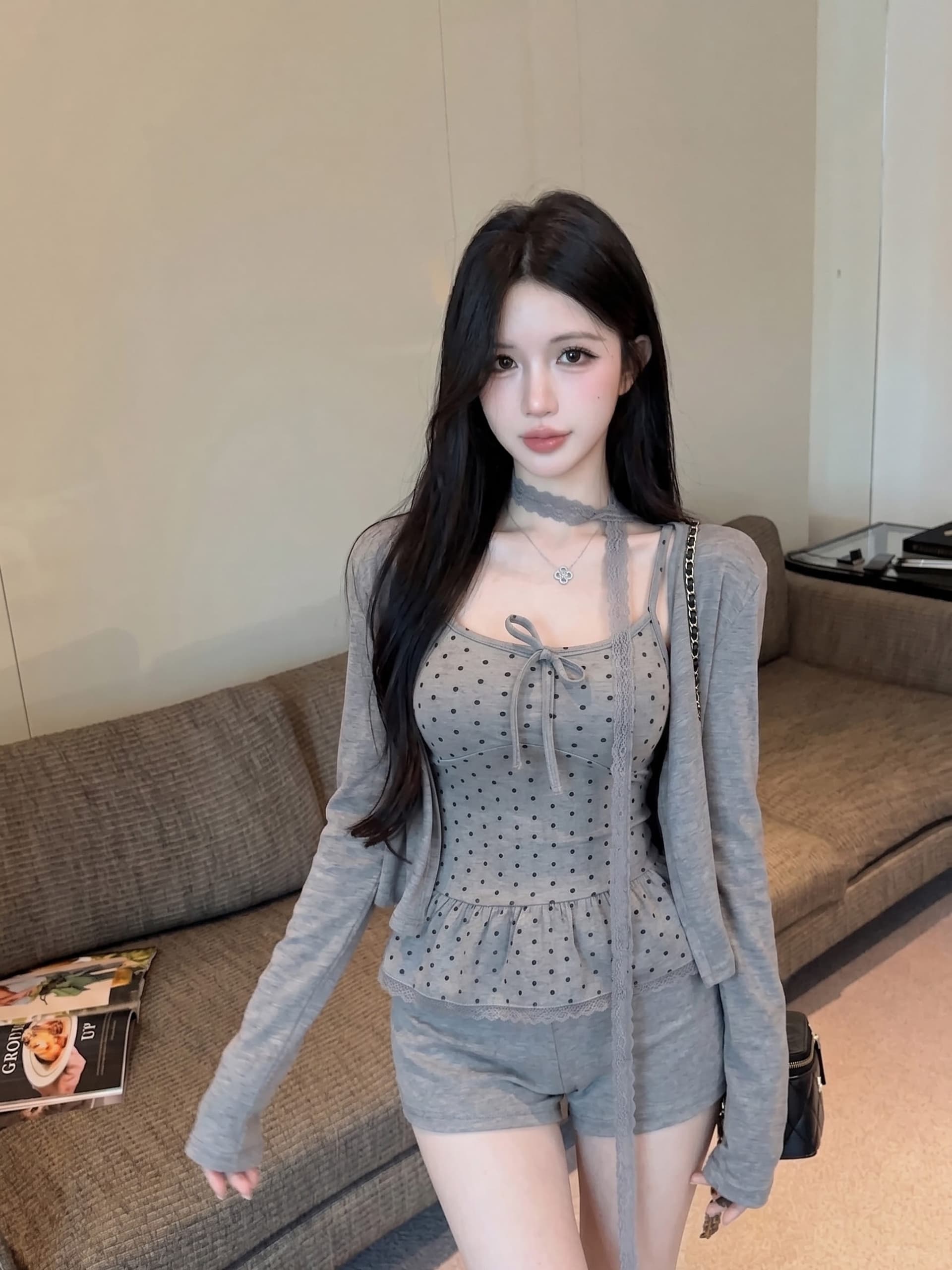 실사 정가 벨트 가슴 패드 보내기 목도리 레이스 측면 도트 무늬 캐미솔 가을 긴팔 오픈 가디건 투피스 슈트 상세 이미지 15