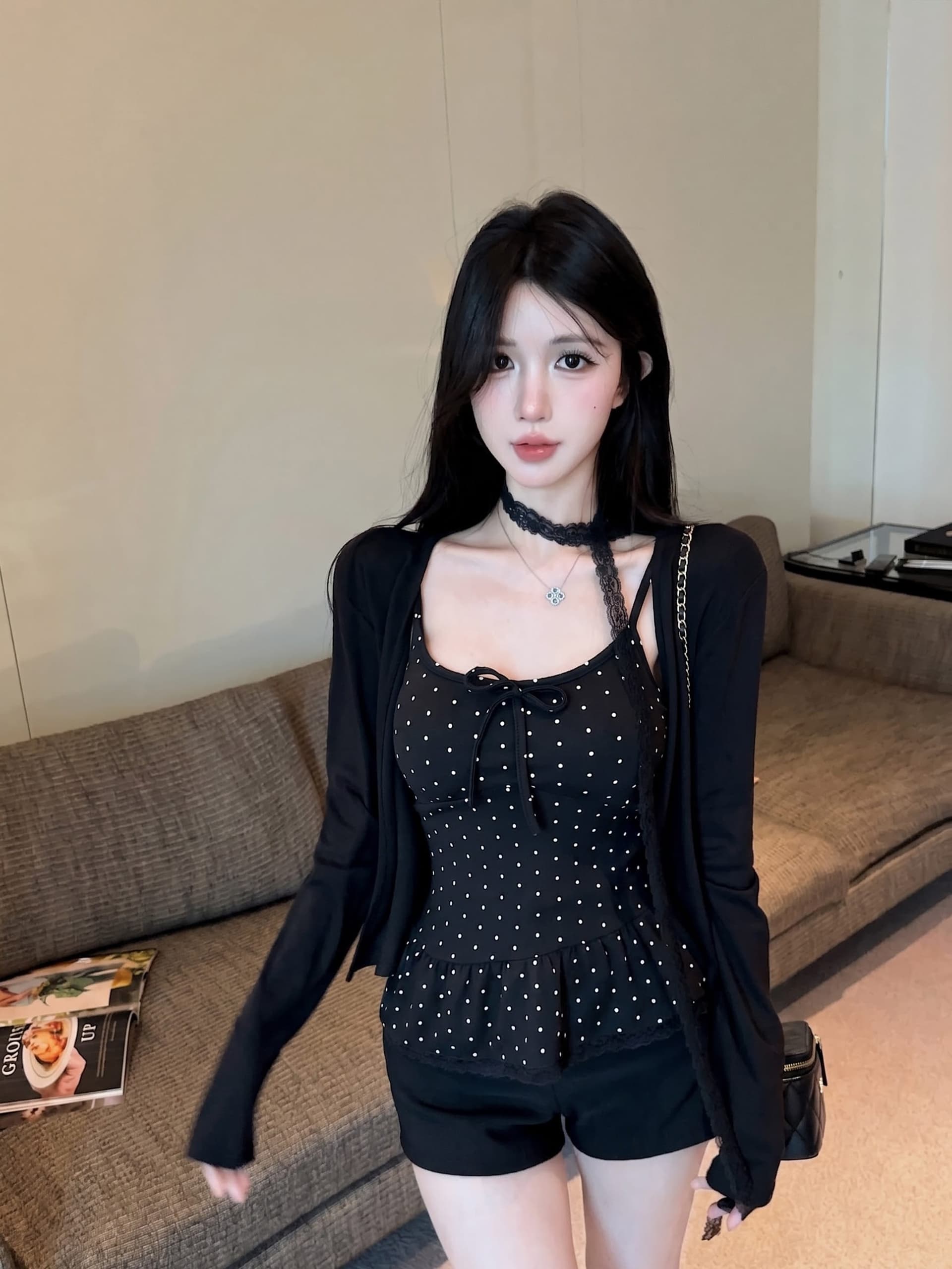 실사 정가 벨트 가슴 패드 보내기 목도리 레이스 측면 도트 무늬 캐미솔 가을 긴팔 오픈 가디건 투피스 슈트 상세 이미지 18