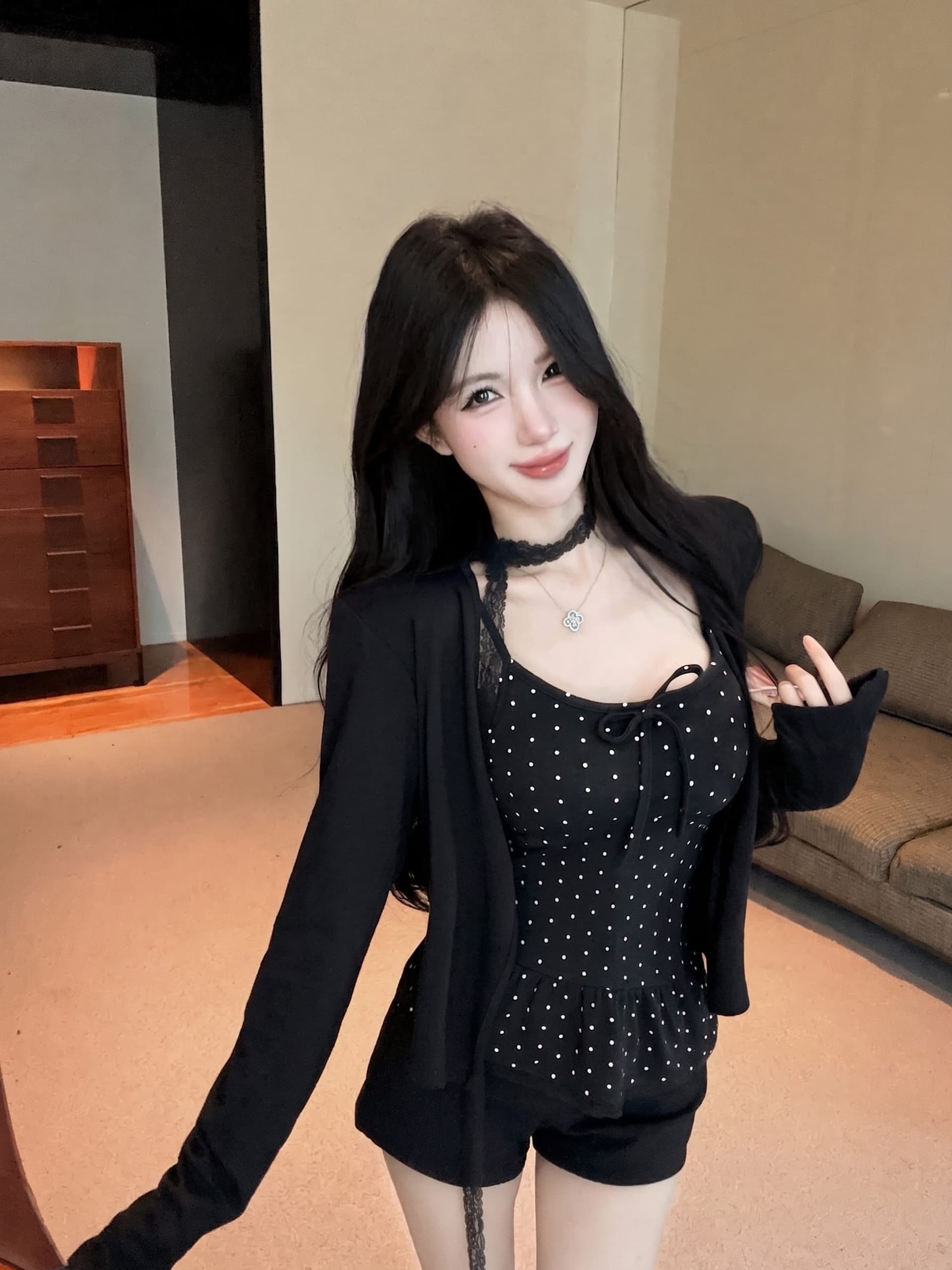 실사 정가 벨트 가슴 패드 보내기 목도리 레이스 측면 도트 무늬 캐미솔 가을 긴팔 오픈 가디건 투피스 슈트 상세 이미지 20