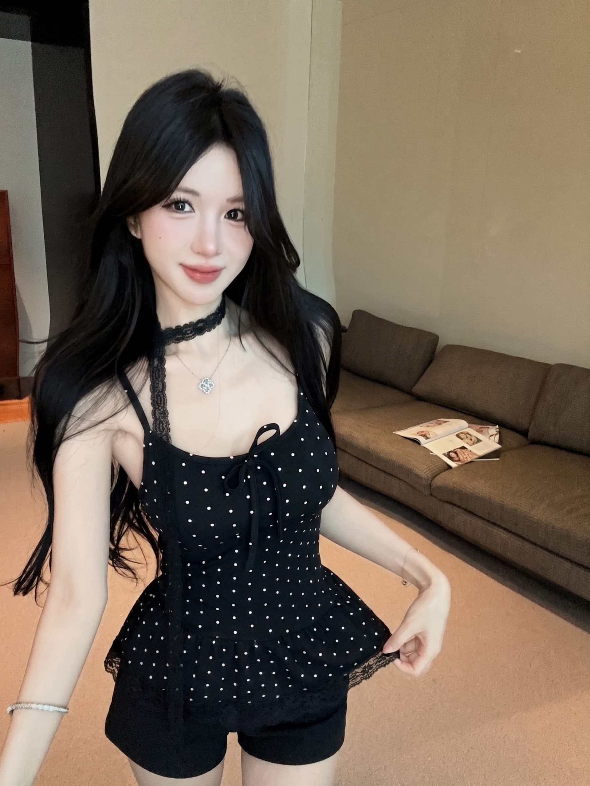 실사 정가 벨트 가슴 패드 보내기 목도리 레이스 측면 도트 무늬 캐미솔 가을 긴팔 오픈 가디건 투피스 슈트 상세 이미지 21