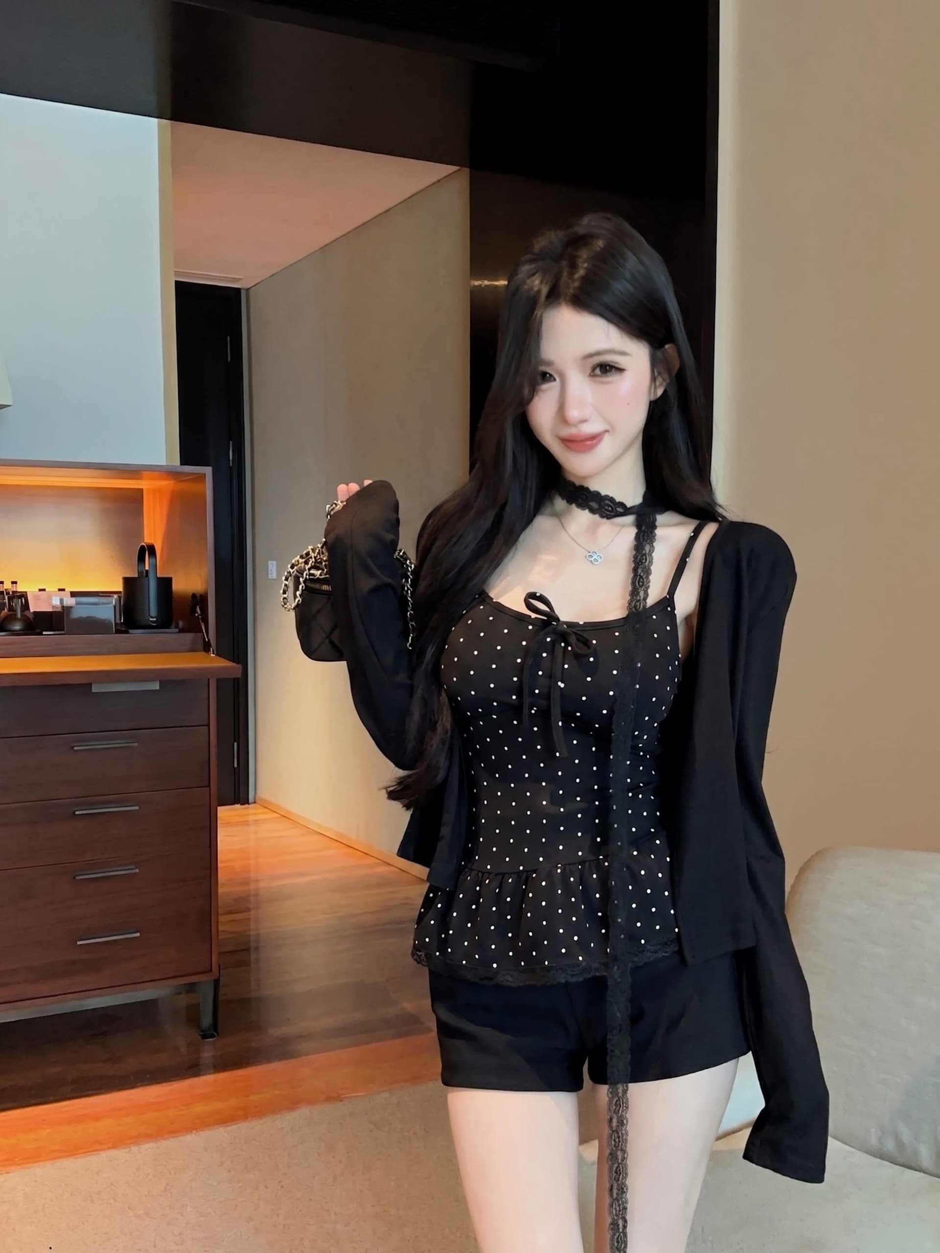 실사 정가 벨트 가슴 패드 보내기 목도리 레이스 측면 도트 무늬 캐미솔 가을 긴팔 오픈 가디건 투피스 슈트 상세 이미지 22