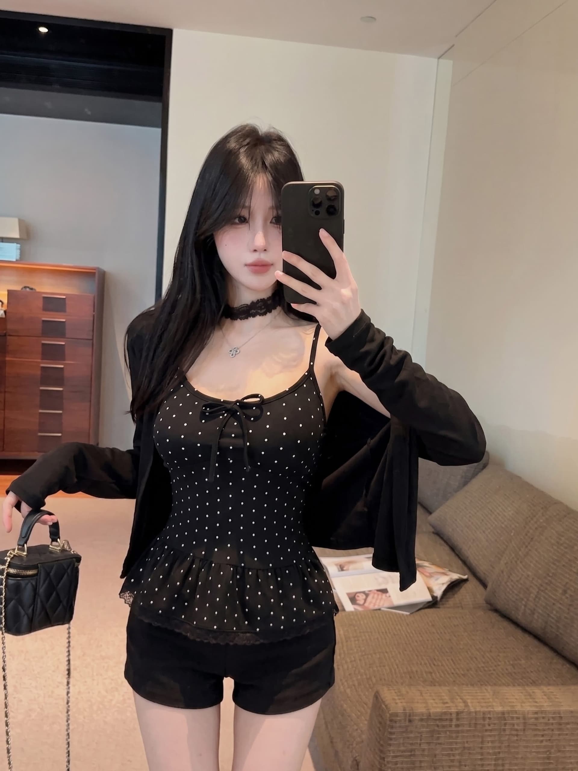 실사 정가 벨트 가슴 패드 보내기 목도리 레이스 측면 도트 무늬 캐미솔 가을 긴팔 오픈 가디건 투피스 슈트 상세 이미지 24