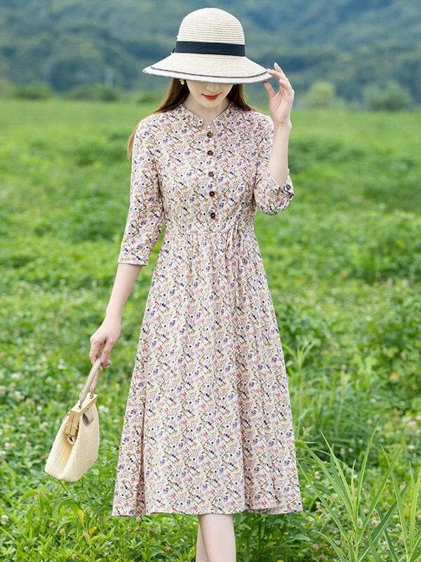여름 고급 면 린넨 드레스 2026 년 새로운 품격 7부 소매 아마 꽃무늬 치마 아이들 빅 포켓 수건 이미지 2