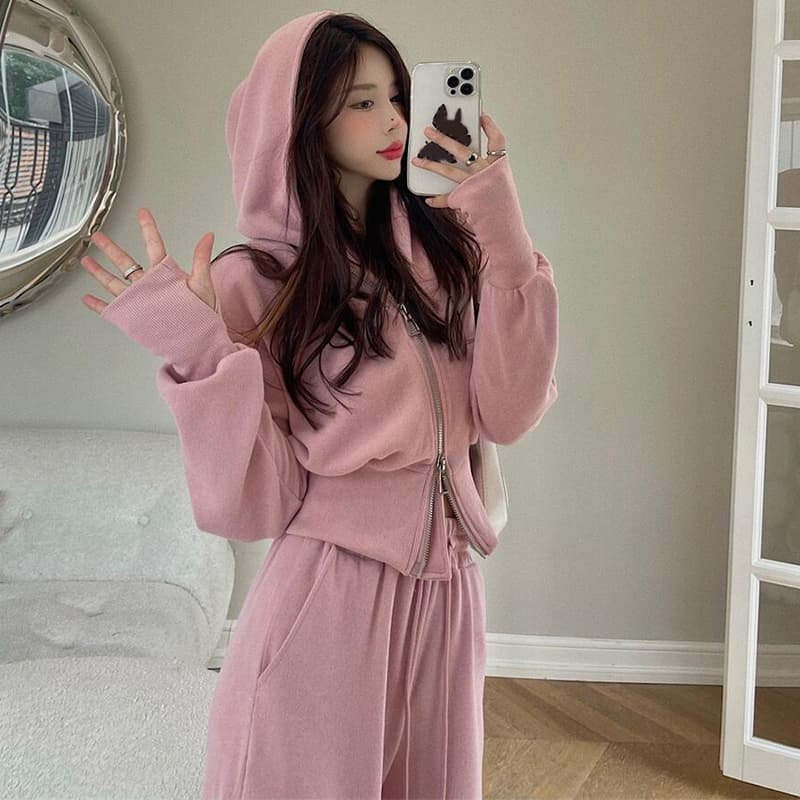 캐주얼 스포츠 슈트 여성 봄 가을 겨울 2026 새로운 패션 슬림해 보이는 털이 있는 후드티 와이드 레그 팬츠 투피스 세트 트렌디 이미지 5