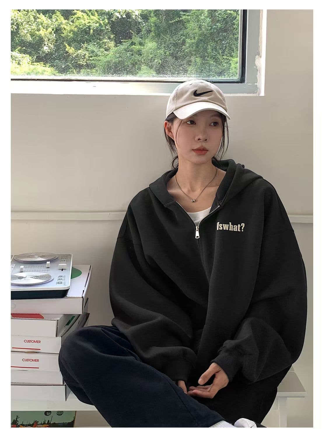 280 그램 남자 바 면 느긋한 바람 아메리칸 프린트 지퍼 후드티 여성 봄 가을 새로운 루즈핏 카디건 코트 로드 중 상세 이미지 3