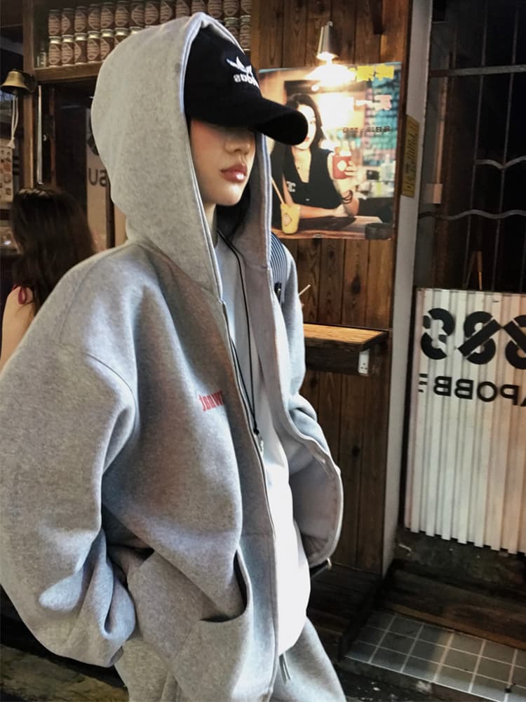 280 그램 남자 바 면 느긋한 바람 아메리칸 프린트 지퍼 후드티 여성 봄 가을 새로운 루즈핏 카디건 코트 로드 중 상세 이미지 12