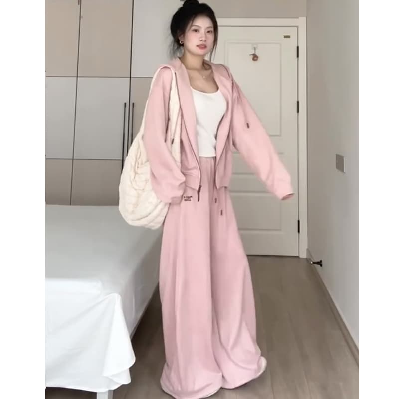 고급 센스 캐주얼 스포츠 슈트 가을 겨울 학생 느긋한 바람 일상 착용 가져 가라. 오픈 가디건 후드티 와이드 레그 팬츠 투피스 세트