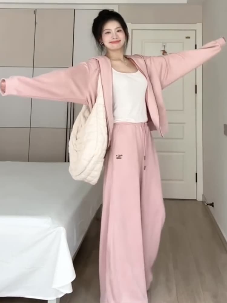 고급 센스 캐주얼 스포츠 슈트 가을 겨울 학생 느긋한 바람 일상 착용 가져 가라. 오픈 가디건 후드티 와이드 레그 팬츠 투피스 세트 상세 이미지 3