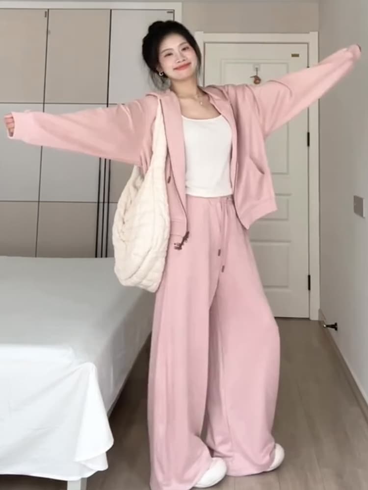 고급 센스 캐주얼 스포츠 슈트 가을 겨울 학생 느긋한 바람 일상 착용 가져 가라. 오픈 가디건 후드티 와이드 레그 팬츠 투피스 세트 상세 이미지 5