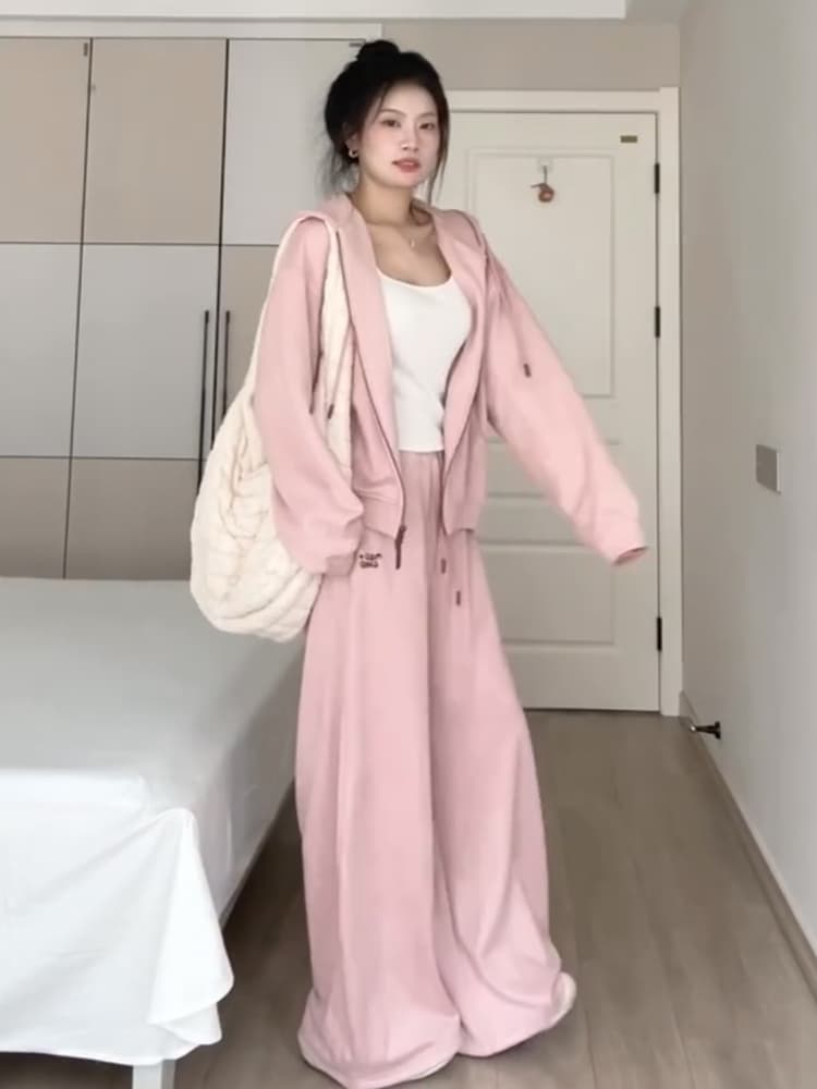 고급 센스 캐주얼 스포츠 슈트 가을 겨울 학생 느긋한 바람 일상 착용 가져 가라. 오픈 가디건 후드티 와이드 레그 팬츠 투피스 세트 상세 이미지 7