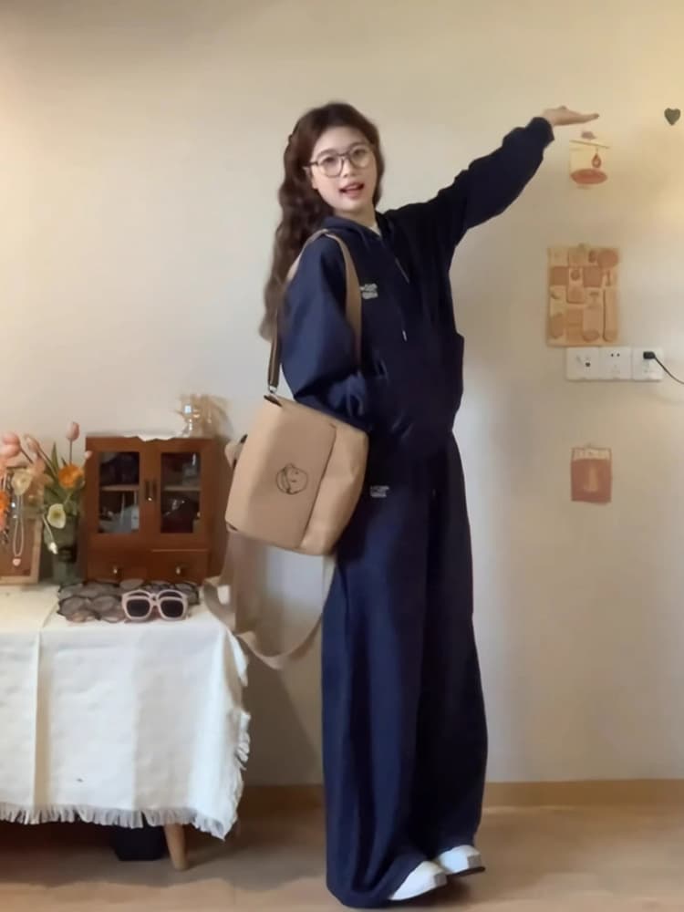 고급 센스 캐주얼 스포츠 슈트 가을 겨울 학생 느긋한 바람 일상 착용 가져 가라. 오픈 가디건 후드티 와이드 레그 팬츠 투피스 세트 상세 이미지 11