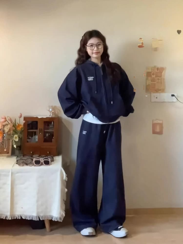 고급 센스 캐주얼 스포츠 슈트 가을 겨울 학생 느긋한 바람 일상 착용 가져 가라. 오픈 가디건 후드티 와이드 레그 팬츠 투피스 세트 상세 이미지 12