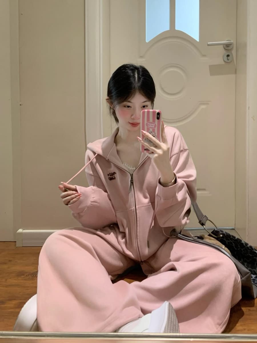 새로운 캐주얼 스포츠 슈트 가을 겨울 슬림해 보이는 후드 한국 스타일 루즈핏 지퍼 오픈 가디건 긴 바지 후드티 투피스 슈트 상세 이미지 4