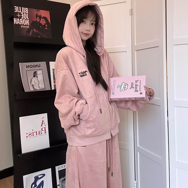 새로운 캐주얼 스포츠 슈트 가을 겨울 슬림해 보이는 후드 한국 스타일 루즈핏 지퍼 오픈 가디건 긴 바지 후드티 투피스 슈트 상세 이미지 15